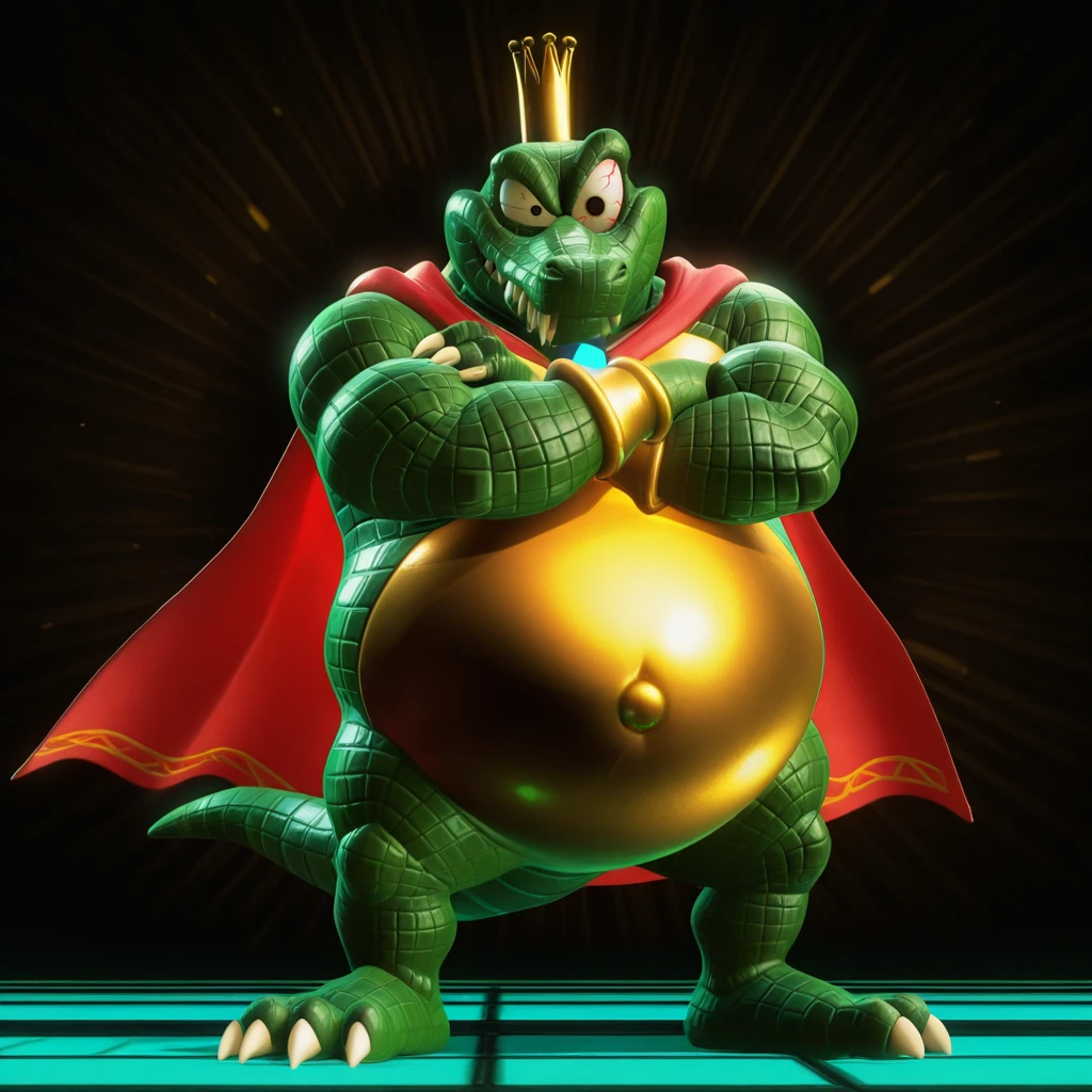 full frontal, light green jockstrap, muscle gut, expanding belly, muscular male, pleased, needy expression, Man, giant, stocky, bearing teeth, green crocodile, crown, red cape, bare pectorals, nipples, cumerate penis, having sex 