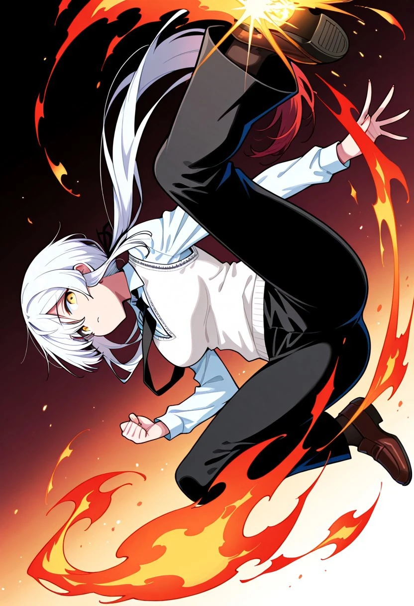 Masterpiece, top quality, amazing quality, Score_9, Score_8_up, Score_7_up, core_9, Score_8_up, Score_7_up, alone, 1 mature female, alone, , 
Ryuuga Hinomori, 1girl, white hair, long lock of red hair in front, (golden eyes: 1.2), 
tie, long hair, long ponytail, pants, shirt, white vest, black pantsuit, white shirt,
jumping, kicking air, flame from feet, sideview