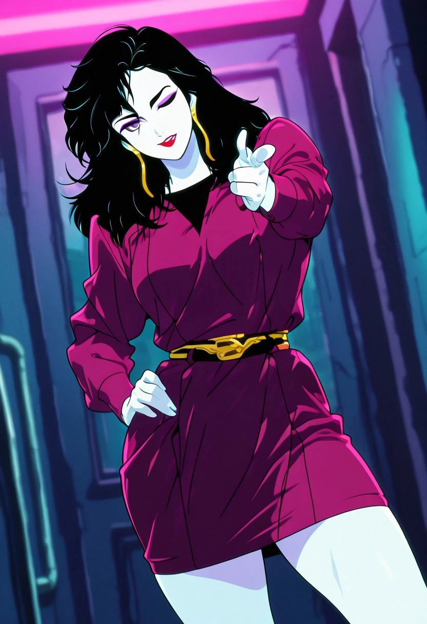 PizzazMillerMC, 1girl, solo, pale skin, black hair, long hair, bangs, messy hair, earrings, purple eyes, eyeshadow, makeup, full lips, red lipstick, plum purple dress, large breast, belt, thick thighs, long sleeves, shoes,
masterpiece, best quality, fine details, intricate details, depth of field, subsurface scattering, bokeh, ultra-detailed, very aesthetic, detailed background, newest, scenery, highres, absurdres, colorful, vibrant, glowing, perfect face, 2d, perfect eyes, vibrant saturated colors, volumetric lighting, sharp, detailed eyes, perfect anatomy, perfect face, perfect eyes, mature body, clear eyes, beautiful eyes, athletic, curvy body, athletic girl, perky tits, perfect tits, round breasts, pinup pose, teasing, lustful expression, perfect hands,
muscular female, dutch angle, dynamic pose,
one eye closed, looking at viewer, facing viewer, contrapposto, dynamic pose, hand forward, finger gun gesture, aiming at viewer, hand on own hip, head tilt, happy, giggling, voluptuous, covered nipples ,
,Smooth Negative, Smooth_Quality,
dark_fantasy_style, dark fantasy, retro,