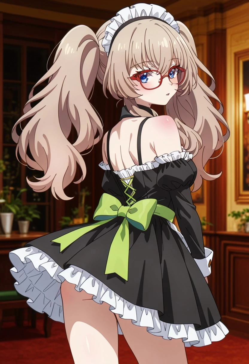 1girl, lime long hair, two pigtails, red eyes, glasses, gotchic dress, mesh stockings, short, medium breasts, living room
