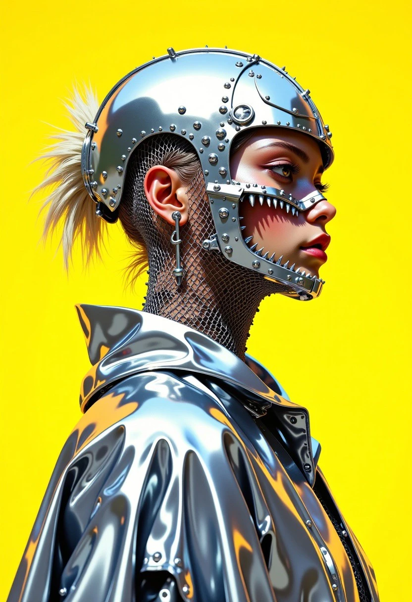 An illustration with plenty of consent, high quality, 8K resolution, hyper-detailed, side-angle upper-body focus, cinematic overhead lighting; a fashion model in a silver chainmail outfit with sharp geometric forms and metallic sheen. She wears a mesh cape and hood, partially veiling her face. Chrome shark-tooth wire teeth are exposed. Background is vivid yellow, providing stark contrast to the silver. Lighting casts sharp shadows and bright reflections across the outfit. Composition emphasizes chrome detail, model's posture, and texture contrast.