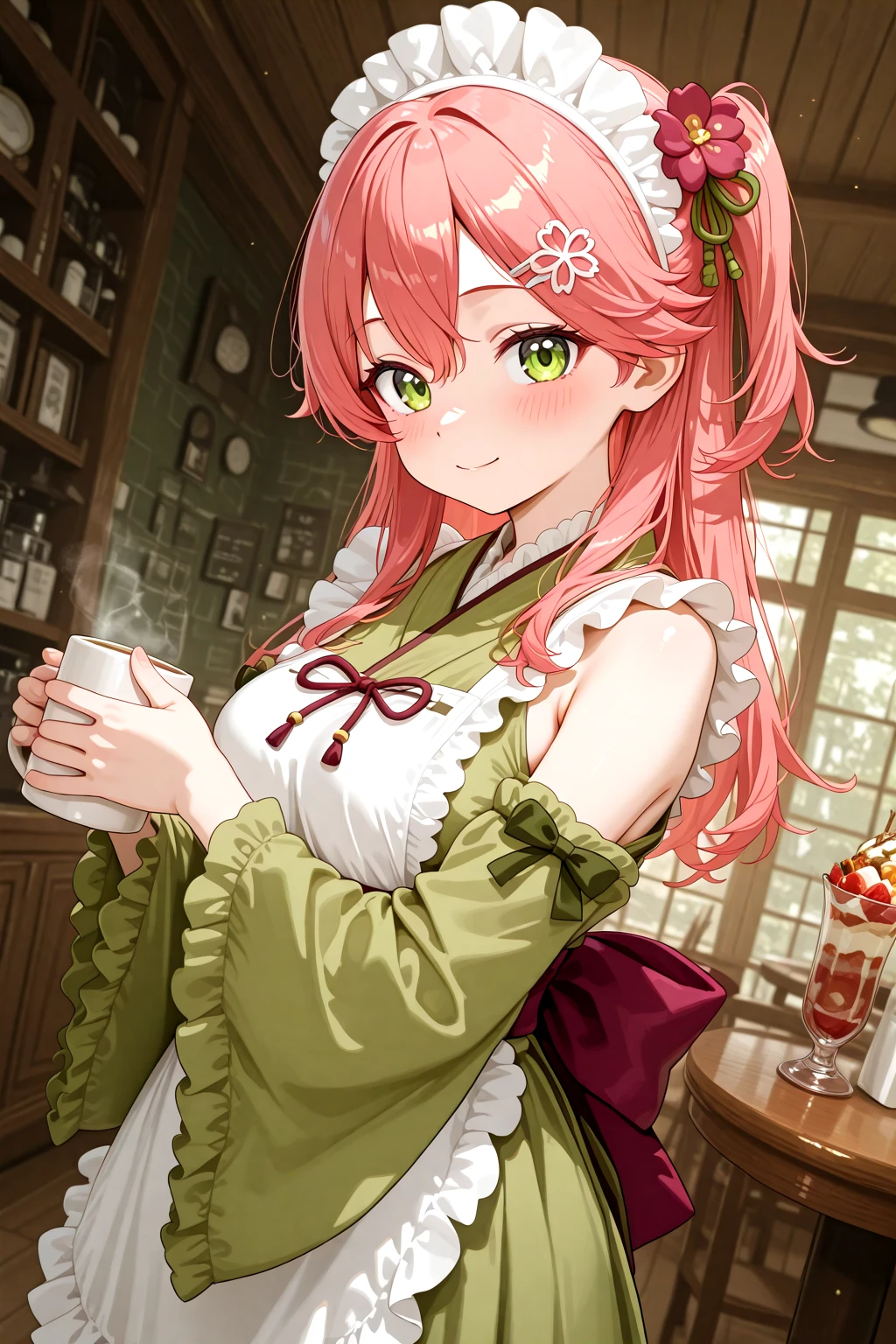 masterpiece, best quality, amazing quality, 1girl, solo, makeup, general, cowboy shot, looking at viewer, blush, dramatic angle, smile, cafe, indoors, standing, sakura miko, holding coffee mug, <lora:MatchaCore_Miku_Matcha_Green_Tea_Parfait_Dress:1>, MatchaCore_Miku_Matcha_Green_Tea_Parfait_Dress, frills, japanese clothes, green kimono, frilled kimono, green dress, wide sleeves, green sleeves, wa maid, maid headdress, hair ornament, maid apron, white apron, frilled apron, ((detached sleeves)), frilled sleeves, ribbon, bow, back bow, hair flower, <lora:wai-A3-V140:1>, <lora:illustrious_noobai_epsilon_pred_1_masterpieces_v1:1>