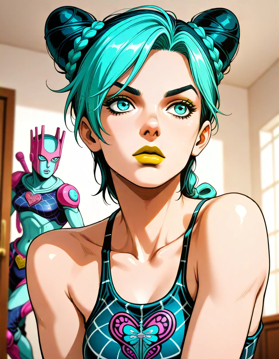 masterpiece, best_quality, very_aesthetic, highres, absurdres, ultra detailed, 
<lora:negXL:0.5 >Pixie Cut with Cybernetic Enhancements - Turquoise
 , turquoise eyes,      1girl,kujo jolyne,  araki hirohiko \(style\), jojo,, makeup, stand \(jojo\), ,   <lora:araki_hirohiko_IL_MIX:1>, portrait,from below,, indoors, , depth of field,,blurry background, anime screencap, ,multiple layered , textured overlapping ,drop shadow,  ,watercolor \(medium\),    illustration,, light coral theme,light bluetrim,