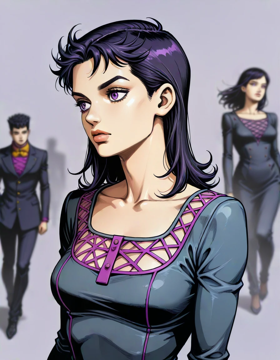 masterpiece, best_quality, very_aesthetic, highres, absurdres, ultra detailed, 
<lora:negXL:0.5 >
, hair flaps, purple eyes,    
 <lora:araki_hirohiko_IL_MIX:1.2>   1girl,  araki hirohiko, jojo, upper body,, simple background, , blurry background,,depth of field, novel illustration,   ,pastel \(medium\)   illustration,, dark grey theme,indigotrim,