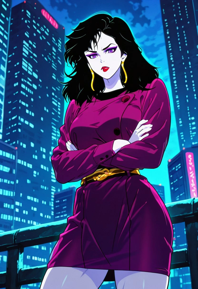 PizzazMillerMC, 1girl, solo, pale skin, black hair, long hair, bangs, messy hair, earrings, purple eyes, eyeshadow, makeup, full lips, red lipstick, plum purple dress, large breast, belt, thick thighs, long sleeves, shoes,
masterpiece, best quality, fine details, intricate details, depth of field, subsurface scattering, bokeh, ultra-detailed, very aesthetic, detailed background, newest, scenery, highres, absurdres, colorful, vibrant, glowing, perfect face, 2d, perfect eyes, vibrant saturated colors, volumetric lighting, sharp, detailed eyes, perfect anatomy, perfect face, perfect eyes, mature body, clear eyes, beautiful eyes, athletic, curvy body, athletic girl, perky tits, perfect tits, round breasts, pinup pose, teasing, lustful expression, perfect hands,
muscular female, dutch angle, dynamic pose,
perspective, confident, annoyed, looking at viewer, leaning on guard rail, contrapposto, crossed arms, lowleg, low-rise, skyscraper, night, outdoors, cowboy shot, (from below, :1.2), refined, retro
,Smooth Negative, Smooth_Quality,
dark_fantasy_style, dark fantasy, retro,