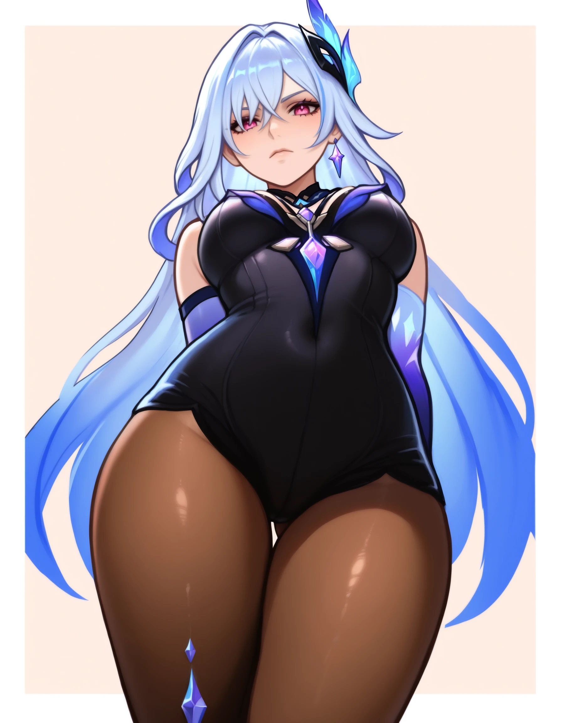 _asura style, new jersey (azur lane), 1girl, breasts, official_alternate_costume, solo, animal_ears, pole, playboy_bunny, leotard, long_hair, blue_eyes, rabbit_ears, blue_hair, pantyhose, :3, looking_at_viewer, bodystocking, large_breasts, blue_background, bare_shoulders, very_long_hair, stripper_pole, cleavage, hair_intakes, thigh_gap, fake_animal_ears, smile, blue_leotard, black_pantyhose, hair_between_eyes, gradient_background, gradient, cowboy_shot, covered_navel, black_leotard, wrist_cuffs, blush, closed_mouth