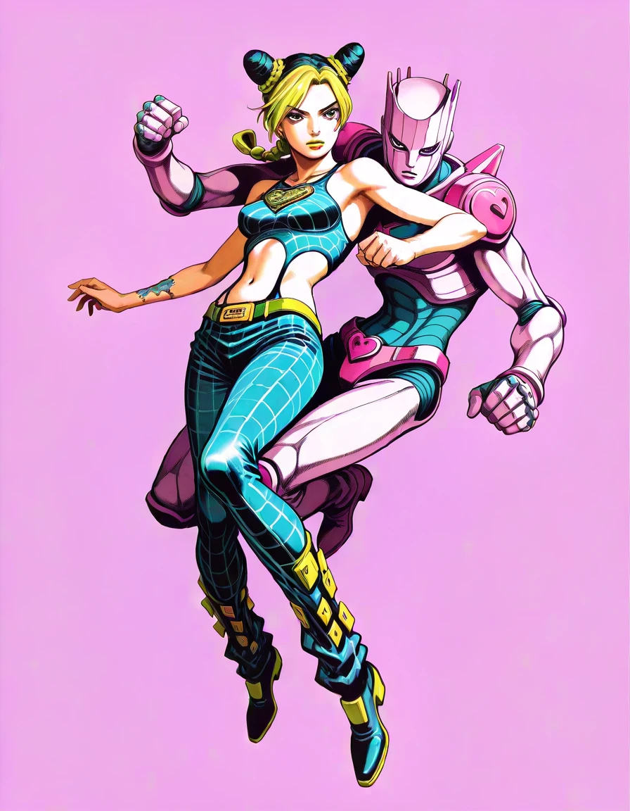masterpiece, best_quality, very_aesthetic, highres, absurdres, ultra detailed, 
<lora:negXL:0.5 >Faux Hawk - Pink
 , black eyes,      1girl,kujo jolyne,  araki hirohiko \(style\), jojo,, makeup, stand \(jojo\), ,   <lora:araki_hirohiko_IL_MIX:1>, full body,  , simple background, , depth of field,,blurry background, watercolor \(medium\), ,novel illustration,   ,sketch,    illustration,, lilac theme,teal bluetrim,