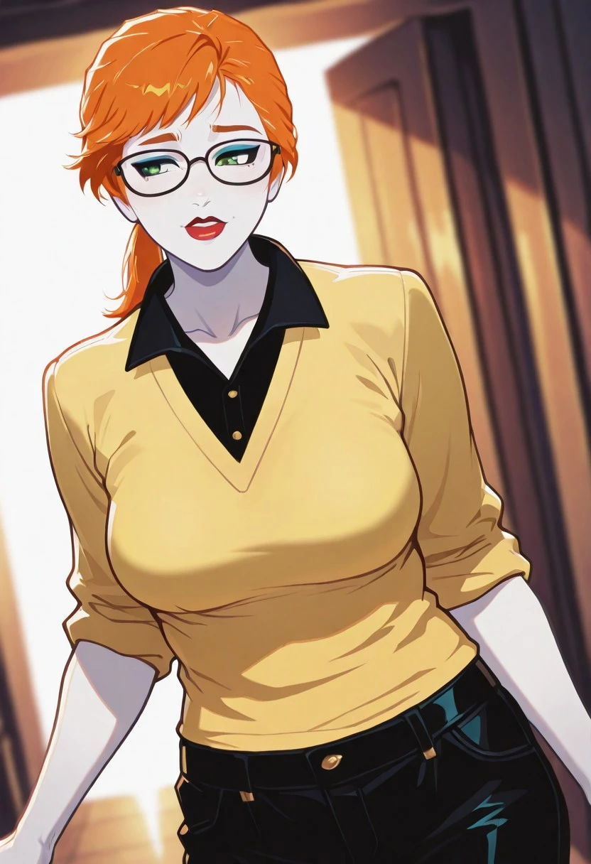 ChrysalisTateMC, 1girl, solo, pale skin, orange hair, ponytail, bangs, glasses, green eyes, eyeshadow, makeup, full lips, red lipstick, yellow shirt, black collar, rolled up sleeves, large breast, thick thighs, black pants, shoes, high heels, without socks,
masterpiece, best quality, fine details, intricate details, depth of field, subsurface scattering, bokeh, ultra-detailed, very aesthetic, detailed background, newest, scenery, highres, absurdres, colorful, vibrant, glowing, perfect face, 2d, perfect eyes, vibrant saturated colors, volumetric lighting, sharp, detailed eyes, perfect anatomy, perfect face, perfect eyes, mature body, clear eyes, beautiful eyes, athletic, curvy body, athletic girl, perky tits, perfect tits, round breasts, pinup pose, teasing, lustful expression, perfect hands,
muscular female, dutch angle, dynamic pose,
,Smooth Negative, Smooth_Quality,