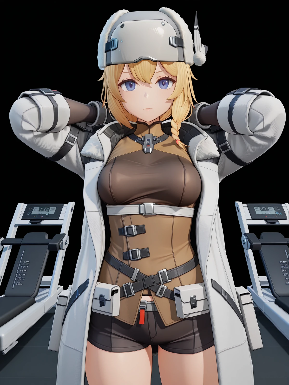 masterpiece, best quality, amazing quality,, <lora:mosin-nagant-gfl2-ingame-illustriousxl-lora-nochekaiser:1>, mosin nagant, long hair, blue eyes, blonde hair, bangs, braid, mature female, medium breasts, short ponytail, 3d, gloves, hat, jacket, open clothes, shorts, black gloves, coat, fur trim, white headwear, white jacket, white coat, fur hat, ushanka, hands behind head,, gym, weights, treadmill, mirrors, exercise, cowboy shot, solo, looking at viewer, <lora:transparent-background-illustriousxl-lora-nochekaiser:1>, transparent background, simple background, white background