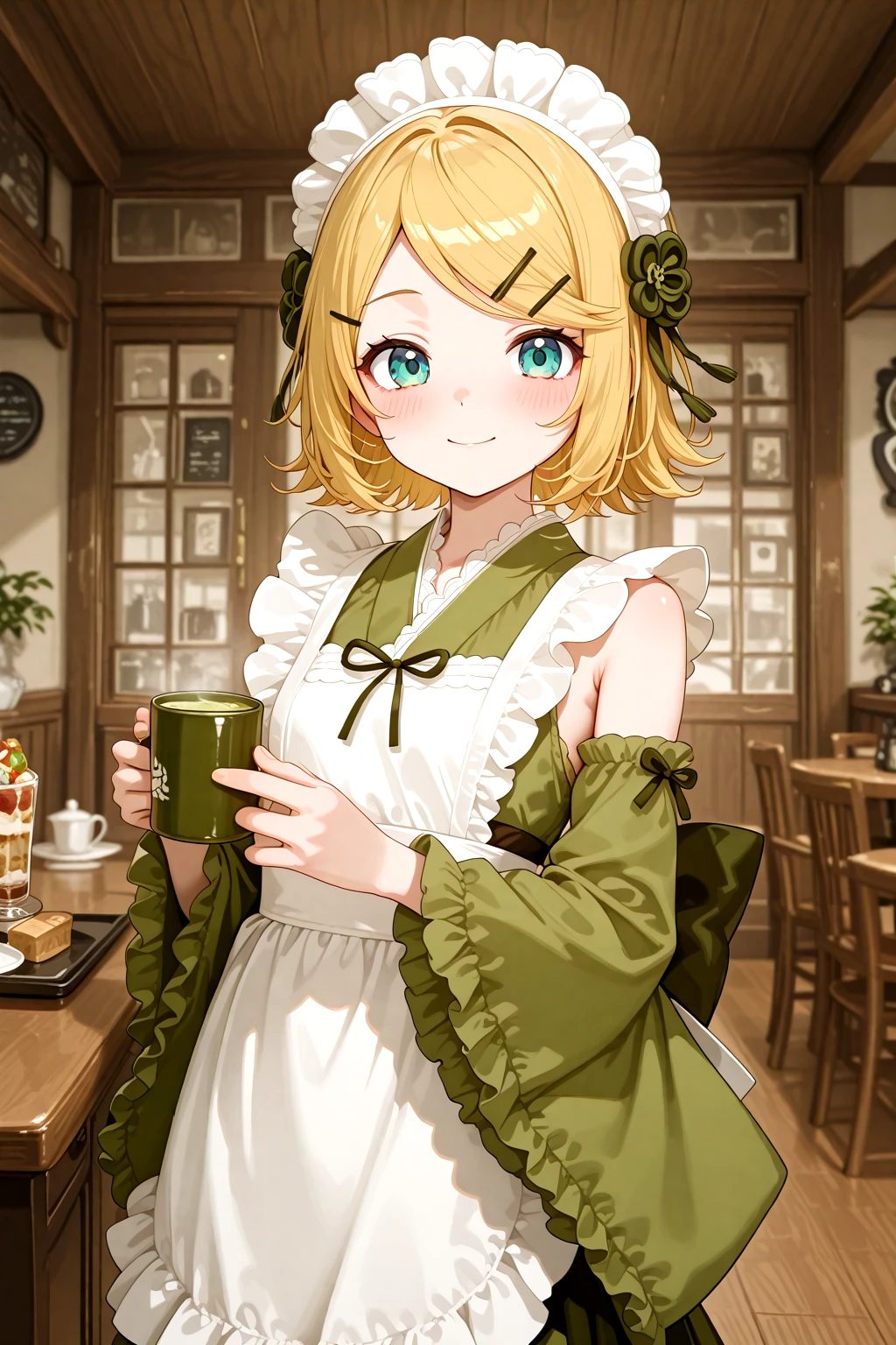 masterpiece, best quality, amazing quality, 1girl, solo, makeup, general, cowboy shot, looking at viewer, blush, dramatic angle, smile, cafe, indoors, standing, kagamine rin, holding coffee mug, <lora:MatchaCore_Miku_Matcha_Green_Tea_Parfait_Dress:1>, MatchaCore_Miku_Matcha_Green_Tea_Parfait_Dress, frills, japanese clothes, green kimono, frilled kimono, green dress, wide sleeves, green sleeves, wa maid, maid headdress, hair ornament, maid apron, white apron, frilled apron, ((detached sleeves)), frilled sleeves, ribbon, bow, back bow, hair flower, <lora:wai-A3-V140:1>, <lora:illustrious_noobai_epsilon_pred_1_masterpieces_v1:1>