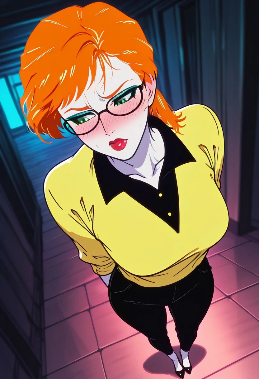 ChrysalisTateMC, 1girl, solo, pale skin, orange hair, ponytail, bangs, glasses, green eyes, eyeshadow, makeup, full lips, red lipstick, yellow shirt, black collar, rolled up sleeves, large breast, thick thighs, black pants, shoes, high heels, without socks,
masterpiece, best quality, fine details, intricate details, depth of field, subsurface scattering, bokeh, ultra-detailed, very aesthetic, detailed background, newest, scenery, highres, absurdres, colorful, vibrant, glowing, perfect face, 2d, perfect eyes, vibrant saturated colors, volumetric lighting, sharp, detailed eyes, perfect anatomy, perfect face, perfect eyes, mature body, clear eyes, beautiful eyes, athletic, curvy body, athletic girl, perky tits, perfect tits, round breasts, pinup pose, teasing, lustful expression, perfect hands,
muscular female, dutch angle, dynamic pose,
straight-on, from below, cowboy shot, teasing pose, seductive pose, (full body, :1.2), (from above, :1.2), standing, arms behind back, turning away, detailed eyes, looking down, avoiding eye contact, looking to the side, makeup, mascara, rouge \(makeup\), thick lips, red lips, lipstick, full-face blush, embarrassed, (sulking, :1.2), pout, glossy skin, detailed skin, skindentation,
,Smooth Negative, Smooth_Quality,
dark_fantasy_style, dark fantasy, retro,