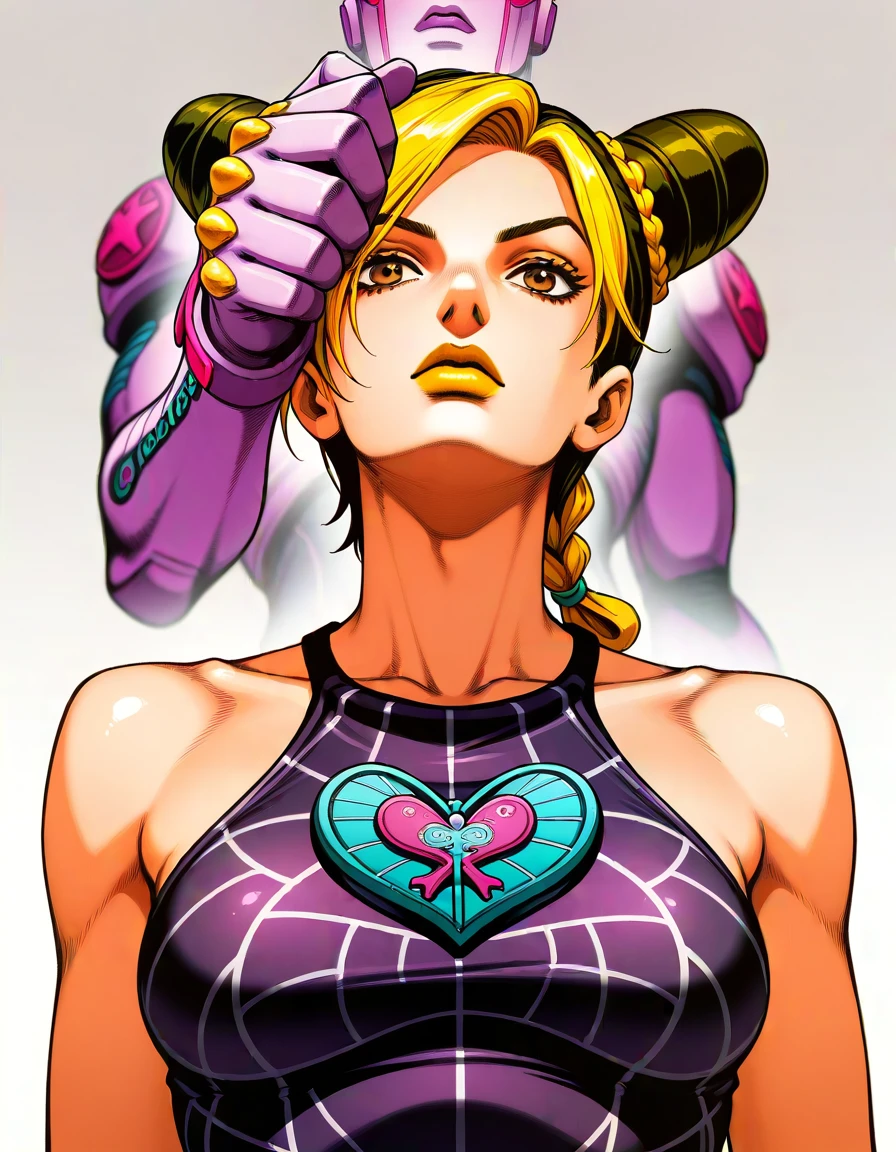 masterpiece, best_quality, very_aesthetic, highres, absurdres, ultra detailed,
<lora:negXL:0.5 >Half-Shaved Head with Glowing Geometric Designs - Metallic Gold
, dark brown eyes, <lora:Araki Hirohiko_IL:1.25> 1girl,kujo jolyne, araki hirohiko \(style\), jojo,, makeup, stand \(jojo\), ,, portrait,from below,, gradient background, , blurry foreground, ,depth of field, pastel \(medium\),,multiple layered , textured overlapping ,drop shadow, illustration,, pale violet red theme,sepiatrim,