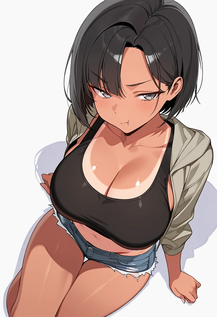 upper body, fubuki, 1girl, solo, (underboob), naked t-shirt, short sleeves, green eyes, looking at viewer, smile, <lora:fubuki-06:0.8>, arms behind head, simple background, heart