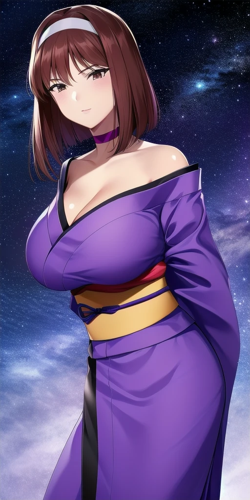anime(Hyakka Ryouran: Samurai Girls), female teenage , sexy (very big tits), actress (Sen Tokugawa),  purple eyes , brown hair that is to waist length , dress (bikini) , She soaked in her own private hot spring. 