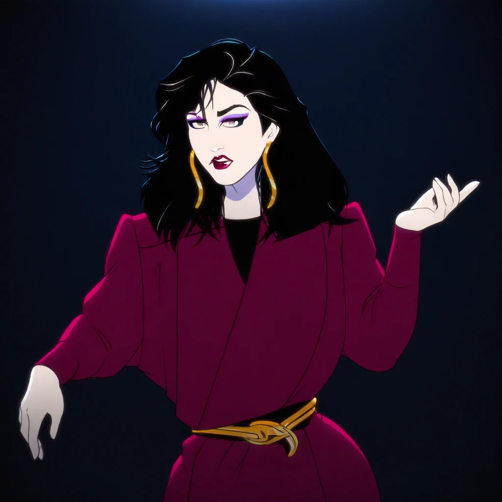 PizzazMillerMC, 1girl, solo, pale skin, black hair, long hair, bangs, messy hair, earrings, purple eyes, eyeshadow, makeup, full lips, red lipstick, plum purple dress, large breast, belt, thick thighs, long sleeves, shoes, masterpiece, best quality, fine details, intricate details, depth of field, subsurface scattering, bokeh, ultra-detailed, very aesthetic, detailed background, newest, scenery, highres, absurdres, colorful, vibrant, glowing, perfect face, 2d, perfect eyes, vibrant saturated colors, volumetric lighting, sharp, detailed eyes, perfect anatomy, perfect face, perfect eyes, mature body, clear eyes, beautiful eyes, athletic, curvy body, athletic girl, perky tits, perfect tits, round breasts, pinup pose, teasing, lustful expression, perfect hands, muscular female,