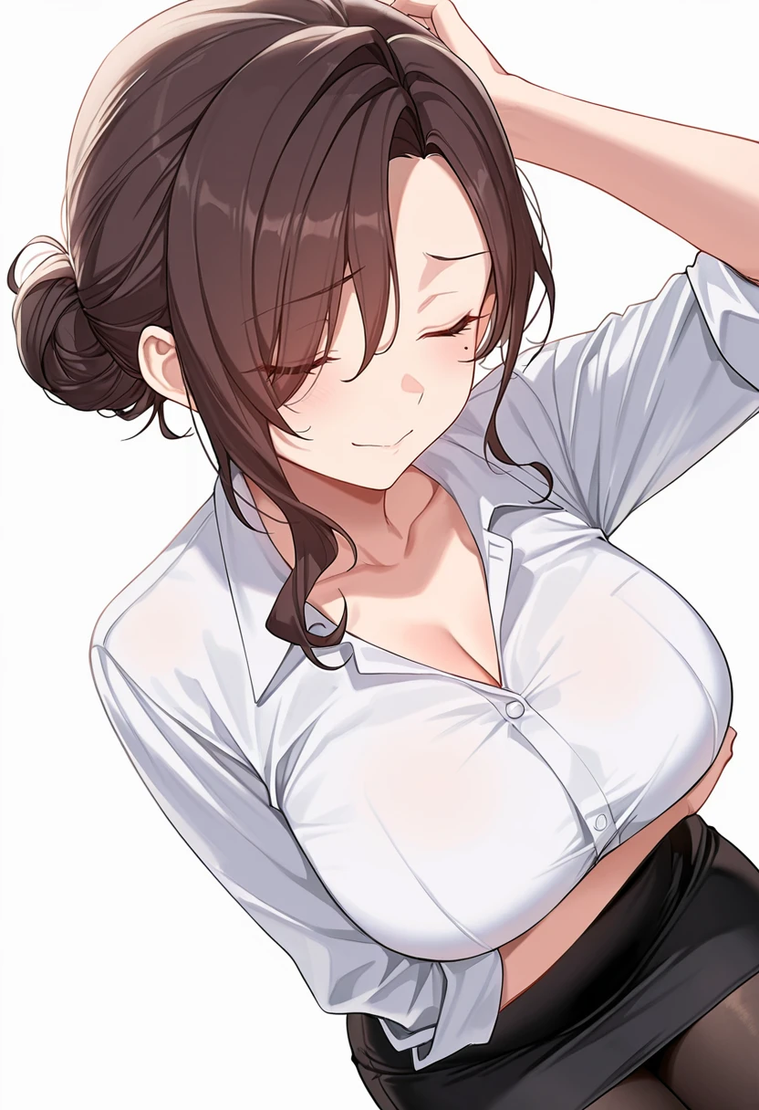 Kobe Higashiyama, Kobeni Higashiyama, Black hair, Hair Ornament, hair clips,  Mole under the eyes, Ponytail, Short hair, (Brown eyes:1.5), (breastsout:),
Black tie, Black pants, Business Suit, Formal, Long sleeves, neck tie, Pants, Suit, 
BREAK looking at viewer,
 in a house, crass room,
BREAK (masutepiece:1.2), Best Quality, High resolution, Unity 8k壁纸, (Illustration:0.8), (Beautiful detailed eyes:1.6), extra detailed face, Perfect Lighting, extremely details CG, (Perfect hands, Perfect Anatomy), ((Sleeveless)), ((Armpits))