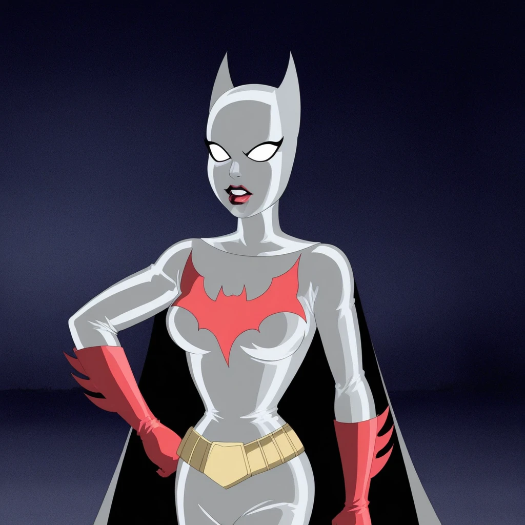large breasts, 1girl, hand on hip, superhero, grey bodysuit, red gloves, white eyes, gloves, solo, lipstick