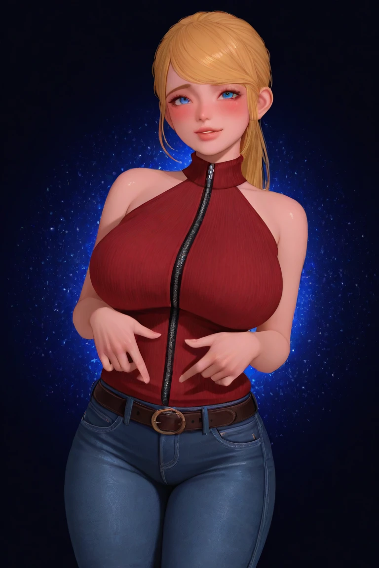 one girl, solo, abs, slender body, (upper body, bust:1.2), (black eyes:1.3), blonde hair, (bare shoulders:1.2), masterpiece, highly detailed, look at viewer, front view, (big breasts, huge breasts, giant breasts, exposed breasts, deep cleavage:1.5), (transparent corset, choker:1.4), (studio lights, blured background, glowing edges of image, shiny blured orange background, gradient sprayed background, colorful background:1.3), expressing joy, belt, (nipples:1.2)