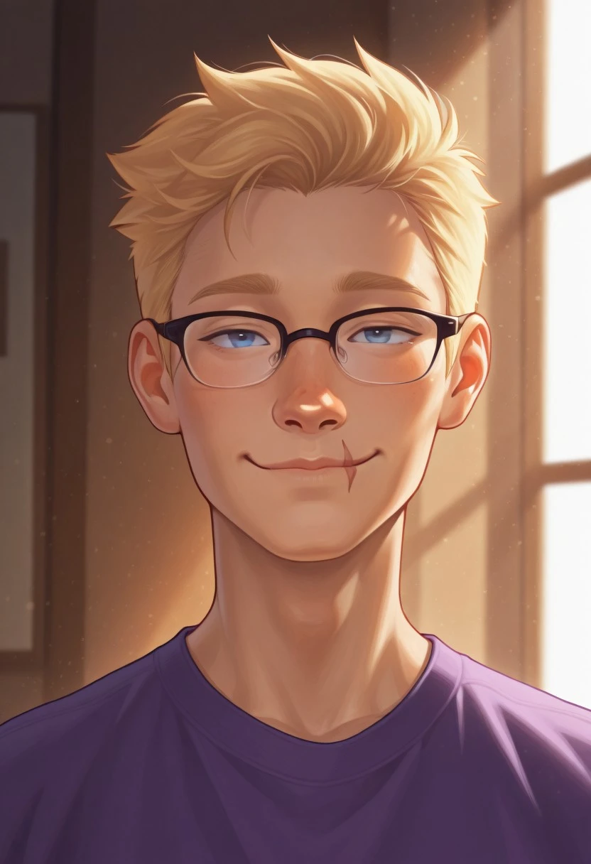 masterpiece, high quality, best quality, amazing quality, very aesthetic, absurdres, ultra-detailed, extremely detailed, realistic, volumetric lighting, (male focus, male only), depth of field, JackDraws, solo, 1boy, Jason Grace, Blonde Hair, Blue Eyes, Glasses, Scar on Lip, smug smile, Purple T-Shirt, masterpiece, best quality, amazing quality, very aesthetic, absurdres, newest, very awa, cute boy, athletic, lean, photo-realistic detail, atmosphere focused, expressive lighting, portrait, close up,