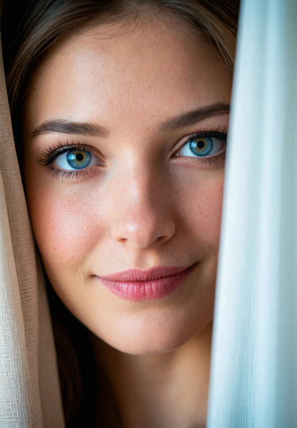 Photo, RAW, Best Quality, High Quality, HDR, 4K, Intricate Details, Beautiful, very detailed, volumetric lighting, Confused, Soft features, absurdres, 24yo woman, beautiful eyes, shy, seductive, teasing, playful, action, motion, colorful, dynamic angle, oval face, monolid eyes, lips apart, (upper body photo:1.3), framed between two curtains, structure, realistic, ultra detailed, realistic skin texture, gentle smile,