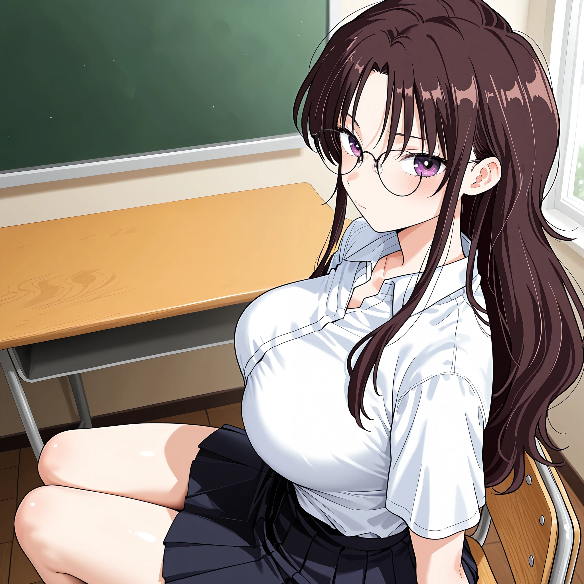 Your influencer character(sexy milf boobs) with long, dark hair dancing on a University Classroom, study table is full of books and notes . She is dressed in a University themed dress with glasses and has a joyful expression on her face. colourful and bright colouring. 