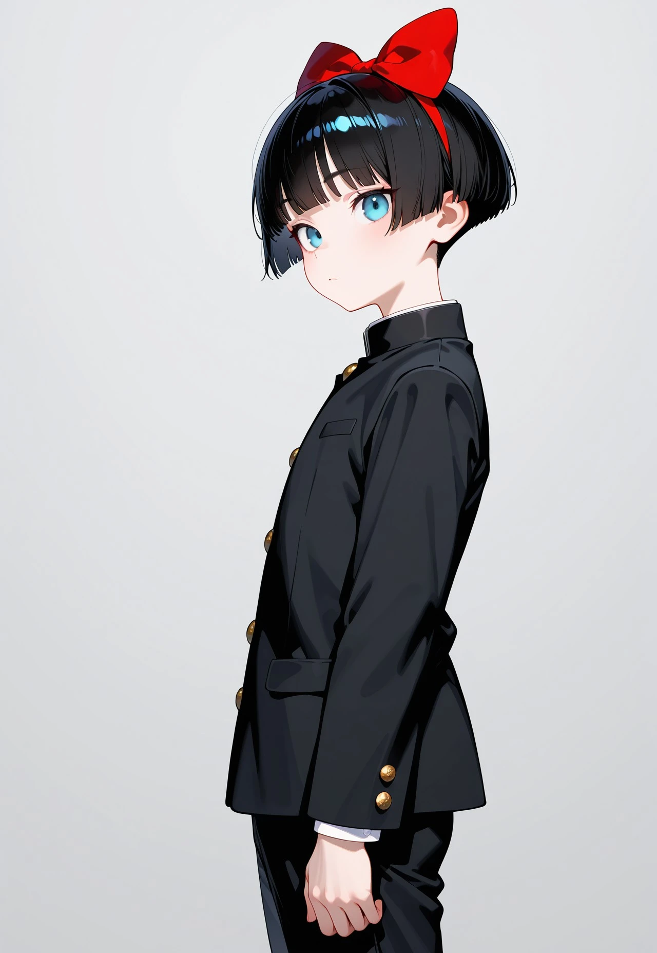 masterpiece,extremely detailed,best quality,amazing quality,newest,absurdres,highres, 1boy , solo, hair bow on top of head, red bow, bowl cut, very short hair, gakuran, standing, arms at side, looking side, looking side direction, close to viewer BREAK, (from side:1.1), no background