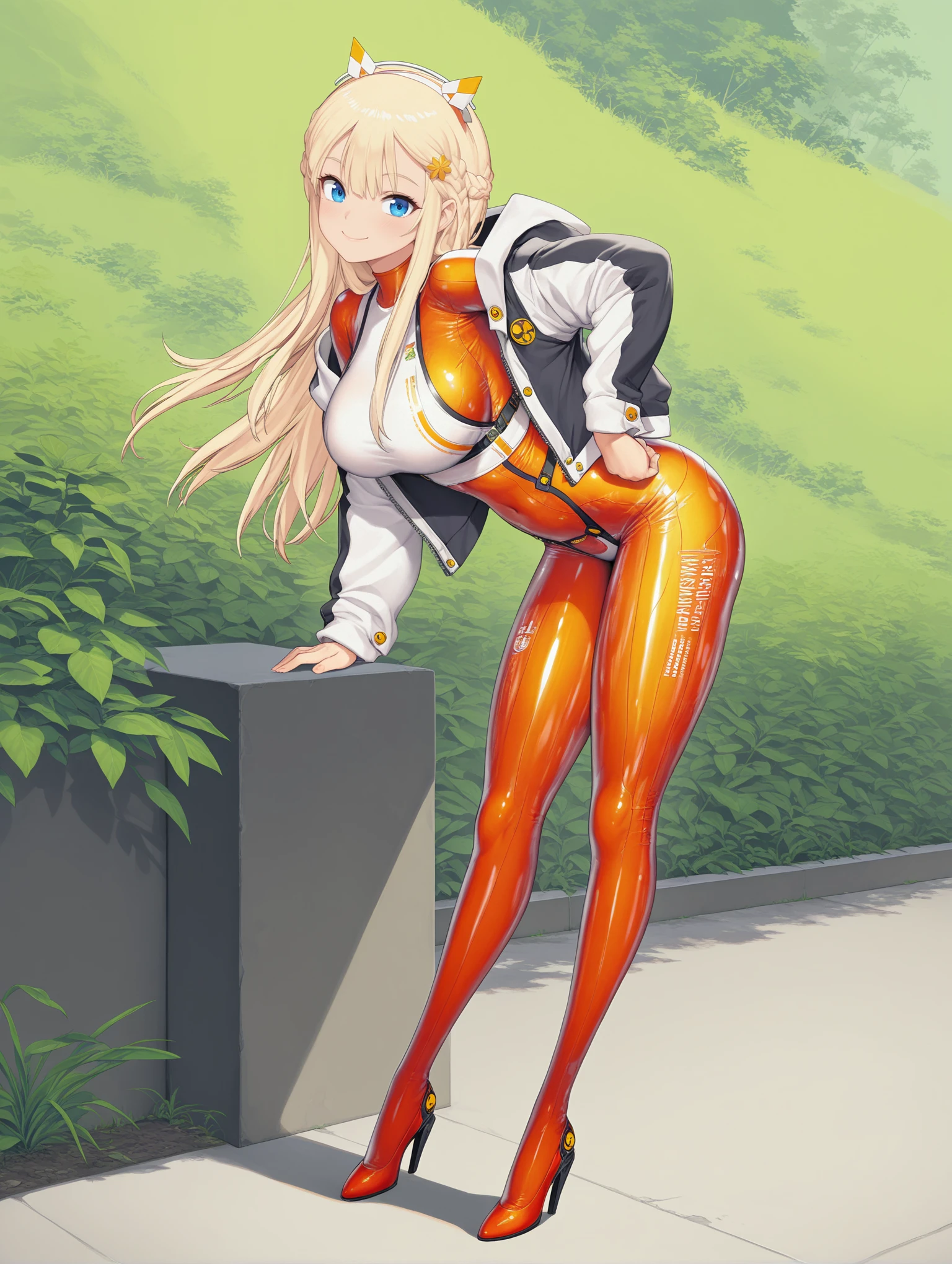 POWER Chainsaw Man, Priority BASE IMAGE ID corddale878c738nskpg, DETAILED IMAGE, Light Orange long hair covering one eye, RIGHT side ponytail hair, full body, small breast, cleavage, focus big ass, Full BLACK BODYSUIT Clothing, Happy expression