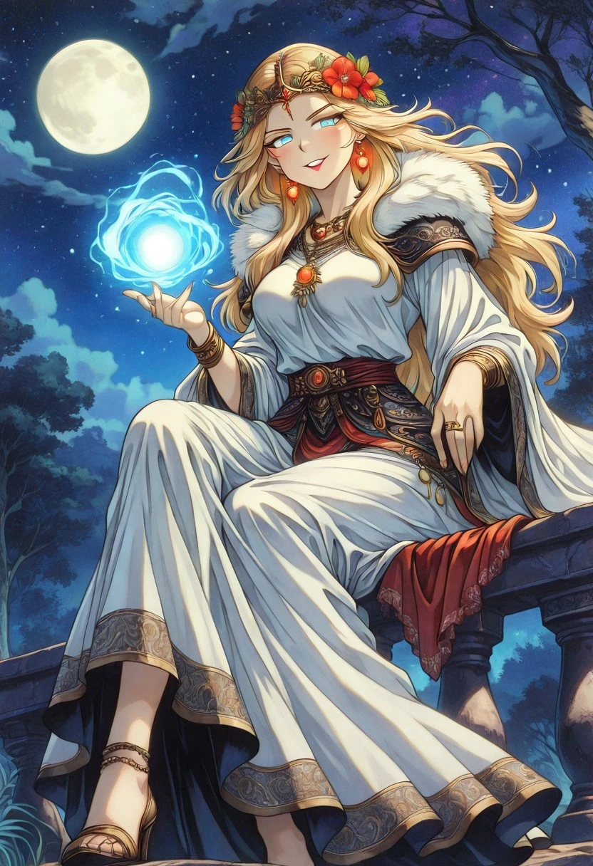 FantasySlavicMS, 1girl, solo, curvy body, pale skin, very long hair, blonde hair, hair ornament, hair flower, headdress, single braid, messy hair, earrings, blue eyes, full lips, makeup, large breast, necklace, long dress, wide sleeves, dress ornament, bracelet, thick thighs, jewelry, rings, armor, beads, fur trim, gem, cape, magic,
masterpiece, best quality, fine details, intricate details, depth of field, subsurface scattering, bokeh, ultra-detailed, very aesthetic, detailed background, newest, scenery, highres, absurdres, colorful, vibrant, glowing, perfect face, 2d, perfect eyes, vibrant saturated colors, volumetric lighting, sharp, detailed eyes, perfect anatomy, perfect face, perfect eyes, mature body, clear eyes, beautiful eyes, athletic, curvy body, athletic girl, perky tits, perfect tits, round breasts, pinup pose, teasing, lustful expression, perfect hands,
muscular female, dutch angle, dynamic pose,
nature, flowers, trees,
night, night sky, night time, starry sky, sitting on railing, moon, looking at viewer, arm rest, smirk, crossed legs, open mouth, full body, foreshortening,
,Smooth Negative, Smooth_Quality,
dark_fantasy_style, dark fantasy, retro,