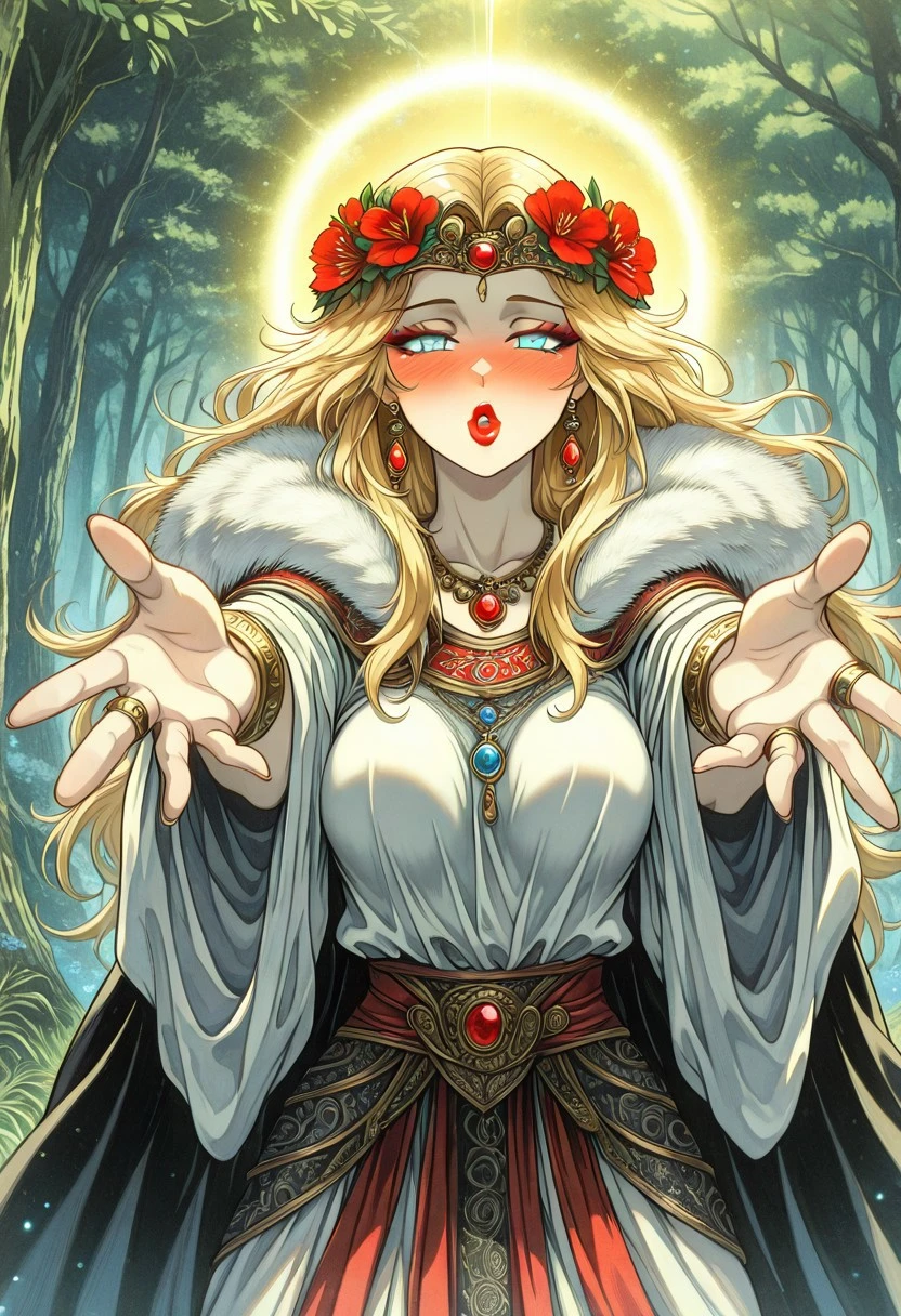 FantasySlavicMS, 1girl, solo, curvy body, pale skin, very long hair, blonde hair, hair ornament, hair flower, headdress, single braid, messy hair, earrings, blue eyes, full lips, makeup, large breast, necklace, long dress, wide sleeves, dress ornament, bracelet, thick thighs, jewelry, rings, armor, beads, fur trim, gem, cape, magic,
masterpiece, best quality, fine details, intricate details, depth of field, subsurface scattering, bokeh, ultra-detailed, very aesthetic, detailed background, newest, scenery, highres, absurdres, colorful, vibrant, glowing, perfect face, 2d, perfect eyes, vibrant saturated colors, volumetric lighting, sharp, detailed eyes, perfect anatomy, perfect face, perfect eyes, mature body, clear eyes, beautiful eyes, athletic, curvy body, athletic girl, perky tits, perfect tits, round breasts, pinup pose, teasing, lustful expression, perfect hands,
muscular female, dutch angle, dynamic pose,
nature, flowers, trees,
, one eye closed, looking at viewer, facing viewer, upper body, straight-on, pov, running towards viewer, (reaching towards viewer, :1.2), (outstretched arms, :1.2), looking at viewer, facing viewer, half-closed eyes, (seductive gaze, horny), makeup, , thick lips, red lips, lipstick, incoming kiss, puckered lips, parted lips, (excited, :1.2), (cheerful, :1.2), full-face blush
,Smooth Negative, Smooth_Quality,
dark_fantasy_style, dark fantasy, retro,
