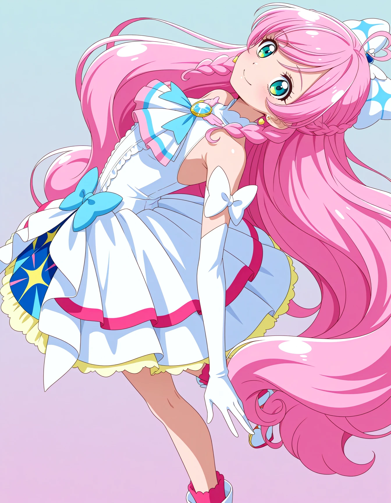 <lora:dmd2-lighting8step_cfg1.5:1>,official style,masterpiece,best quality,newest,very aesthetic,highly detailed,high resolution,absurdres,highres,depth of field,super detailed skin,very awa,Anime,anime coloring,anime screencap,<lora:Cure_Prism_V1:1>,cure prism,solo,green eyes,long hair,very long hair,pink hair,braid,side braids,twin braids,heart ahoge,heart earrings,hair bow,magical girl,brooch,wing brooch,jewelry,white dress,short dress,sleeveless dress,layered dress,bow,blue bow,white bow,ascot,white ascot,gloves,elbow gloves,sleeveless,white gloves,white footwear,ankle boots,arched_back,