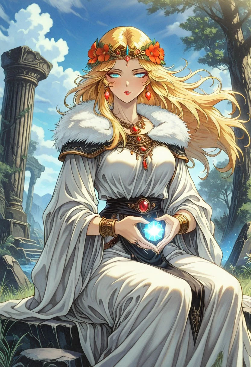 FantasySlavicMS, 1girl, solo, curvy body, pale skin, very long hair, blonde hair, hair ornament, hair flower, headdress, single braid, messy hair, earrings, blue eyes, full lips, makeup, large breast, necklace, long dress, wide sleeves, dress ornament, bracelet, thick thighs, jewelry, rings, armor, beads, fur trim, gem, cape, magic,
masterpiece, best quality, fine details, intricate details, depth of field, subsurface scattering, bokeh, ultra-detailed, very aesthetic, detailed background, newest, scenery, highres, absurdres, colorful, vibrant, glowing, perfect face, 2d, perfect eyes,  vibrant saturated colors, volumetric lighting, sharp, detailed eyes, perfect anatomy,  perfect face, perfect eyes, mature body, clear eyes, beautiful eyes, athletic, curvy body, athletic girl, perky tits, perfect tits, round breasts, pinup pose, teasing, lustful expression, perfect hands, 
muscular female, dutch angle,  dynamic pose,
nature, flowers, trees,  floating hair, floating clothes, outdoors, sitting, stone, ruins, blue sky, cloud, grass 
,Smooth Negative, Smooth_Quality,
dark_fantasy_style, dark fantasy, retro,