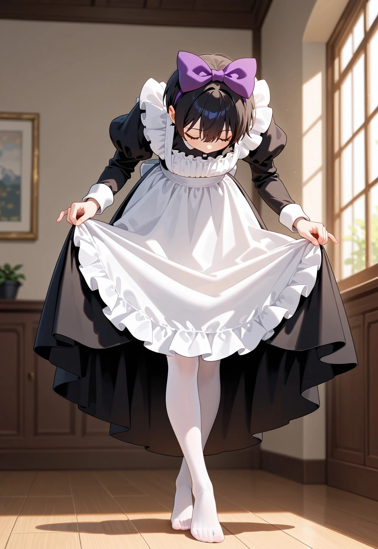 masterpiece,extremely detailed,best quality,amazing quality,newest,absurdres,highres, 1girl, solo, short hair, pixie cut, (spiked hair:0.8), hair bow on top of head, purple bow, maid outfit, frills, apron, thighhighs, black dress, white apron, lace, bow, ruffles, long sleeves, puffed sleeves, long skirt, long dress, bowing,Curtsey, KNEES BENT, FEET CROSSED, BOWING,  full body, close to viewer BREAK indoors