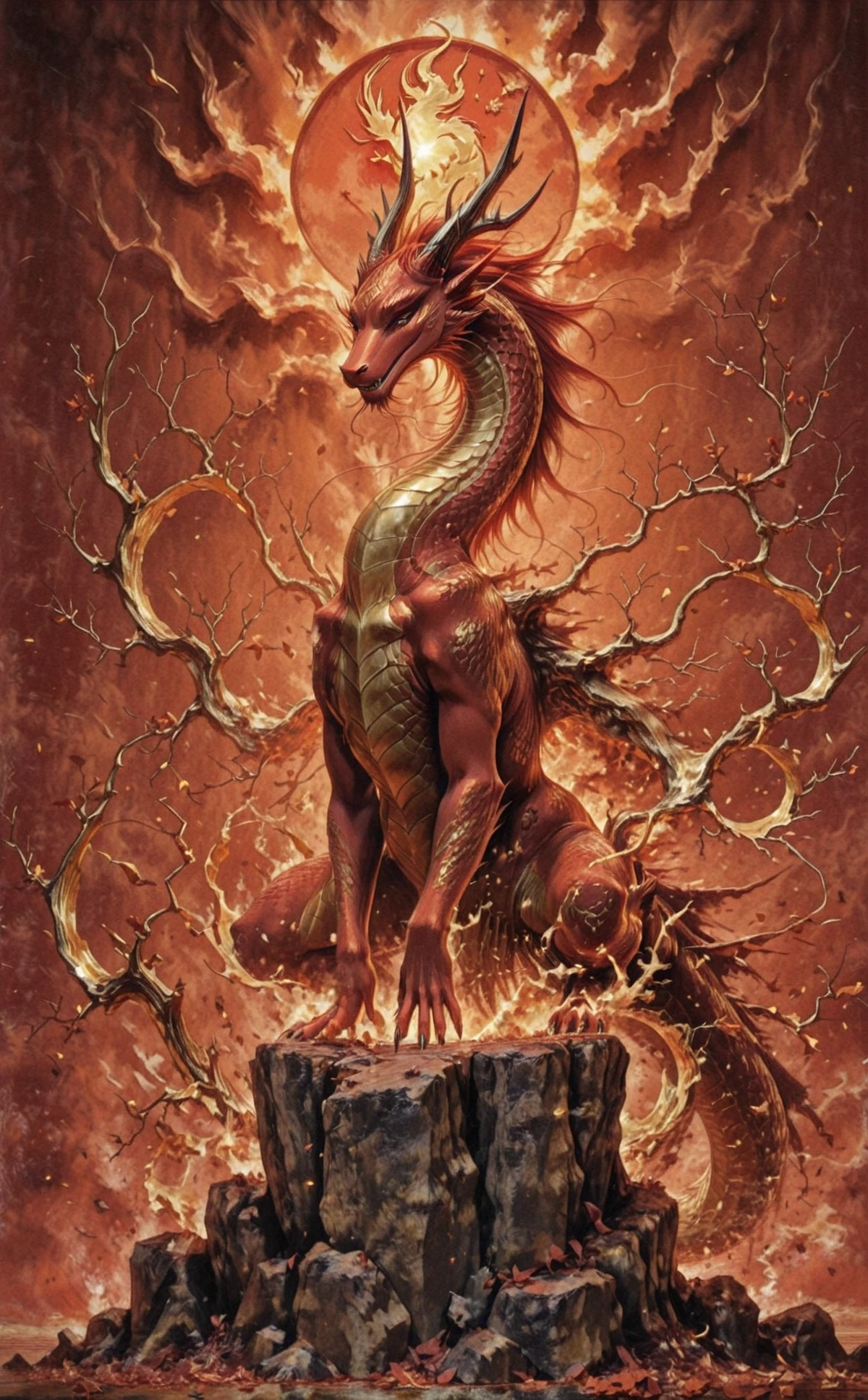 xpm style, 1dragon, solo, mystical, golden_dragon, Chinese_zodiac, Chinese_calligraphy, red_background, embedded_powers, full_body, dynamic_pose, detailed_background, dramatic_lighting, warm_light, very_highres, masterpiece, realistic, painterly
