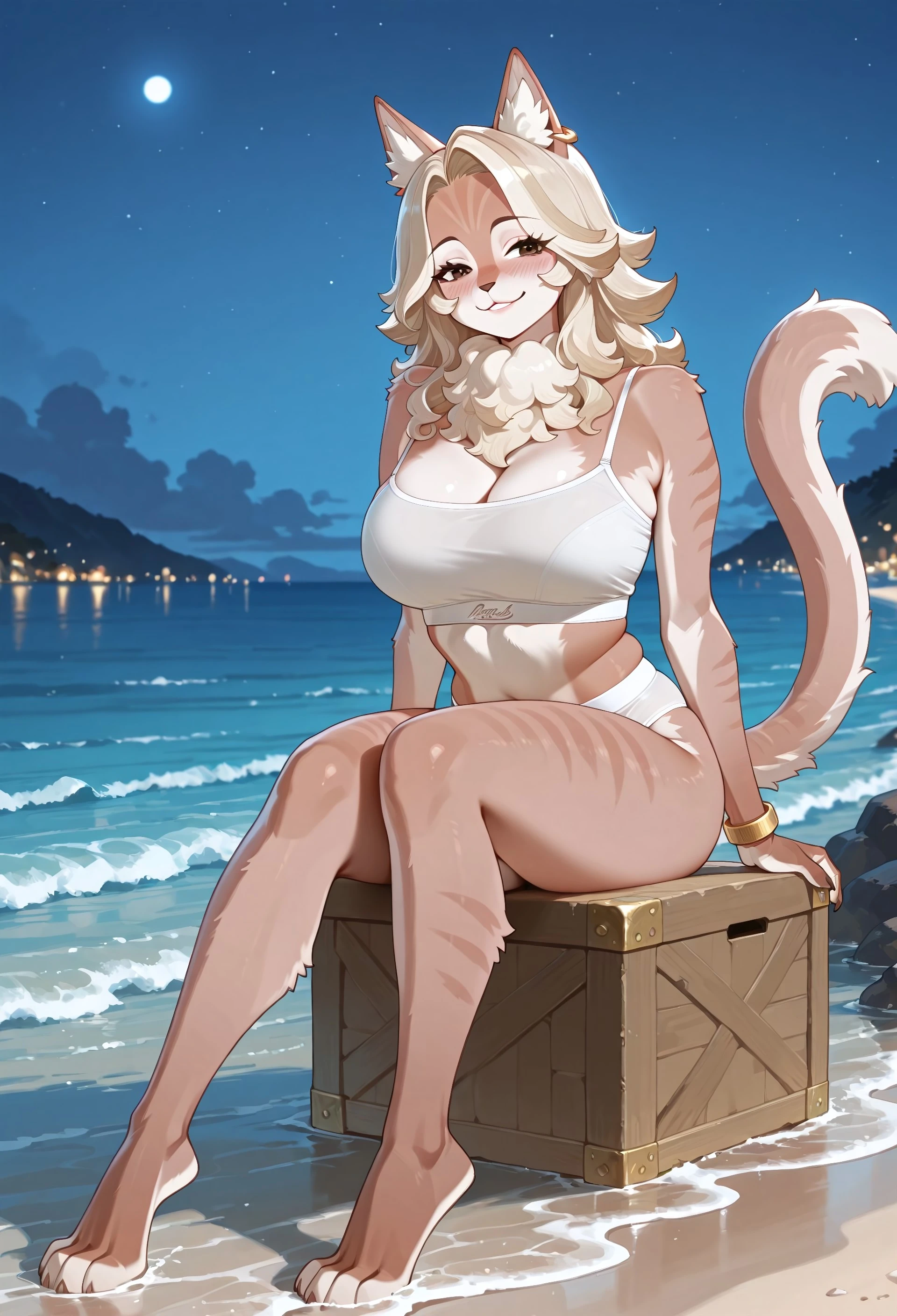 toss a coin to your rabbit, penis, 1girl, white hair, gold eyes, viera, bishoujo, tankini, open clothes, skindentation, realistic, penis, futanari