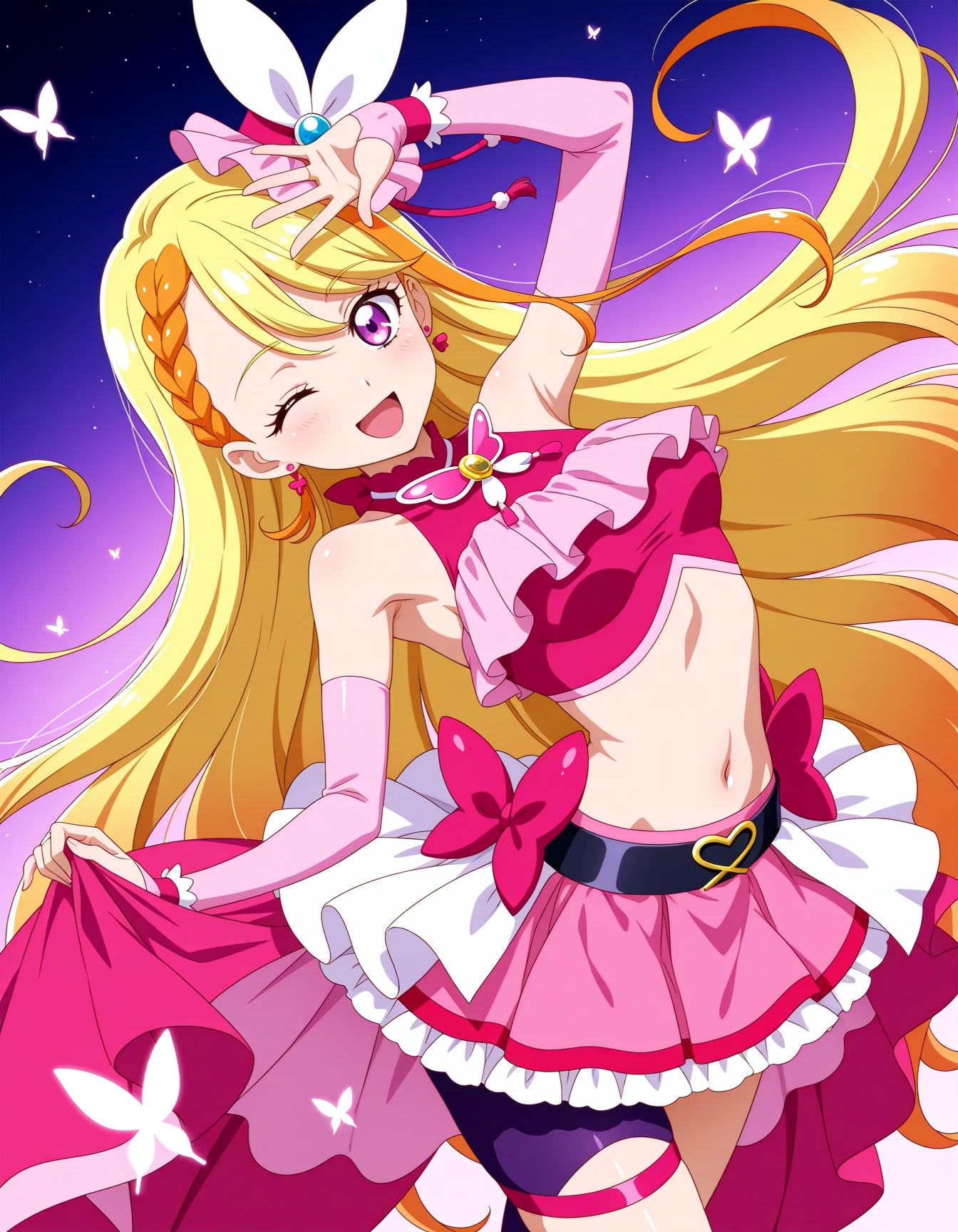 <lora:dmd2-lighting8step_cfg1.5:1>,official style,masterpiece,best quality,newest,very aesthetic,highly detailed,high resolution,absurdres,highres,depth of field,super detailed skin,very awa,Anime,anime coloring,anime screencap,<lora:Cure_Butterfly_V1:1>,cure butterfly,solo,blonde hair,long hair,very long hair,orange hair,multicolored hair,braided bangs,braid,asymmetrical bangs,purple eyes,medium breasts,pink headwear,mini hat,hat ornament,tilted headwear,earrings,magical girl,jewelry,brooch,butterfly brooch,bow,crop top,frilled shirt,sleeveless shirt,midriff,navel,pink skirt,skirt,bow skirt,pink shirt,frills,miniskirt,overskirt,elbow gloves,pink gloves,bridal gauntlets,sleeveless,black belt,belt,thigh strap,purple pantyhose,single leg pantyhose,pantyhose,starry_sky,one eye closed,open mouth,(dancing:1.4),arched_back,