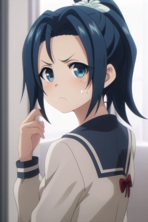 (masterpiece, best quality), intricate details, kamiyaai, 1girl, upper body, ponytail, white shirt, collared shirt, tears, crying, crying with eyes open, fence, blush, sad, wavy mouth, outdoors, <lora:kamiyaaiV1:0.8>