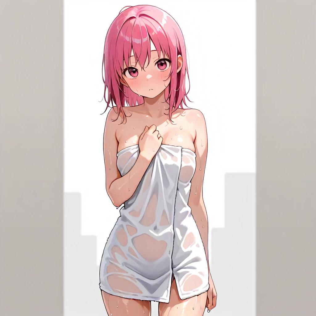 ((masterpiece,Highest quality:1.3,best quality illustration)),cowboy shot,1woman,18 year old Japanese beauty,((very small head:1.4)),(short bob pink hair),bangs,brown eyes,gorgeous eyes,shy,medium breasts,((very long body:1.5)),(White tank top、Grey micro shorts),navel、toned body,slender body,skinny,gleaming skin,shiny skin,oily skin,sweat,standing,Simple bedroom、simple hotel、Tokyo,