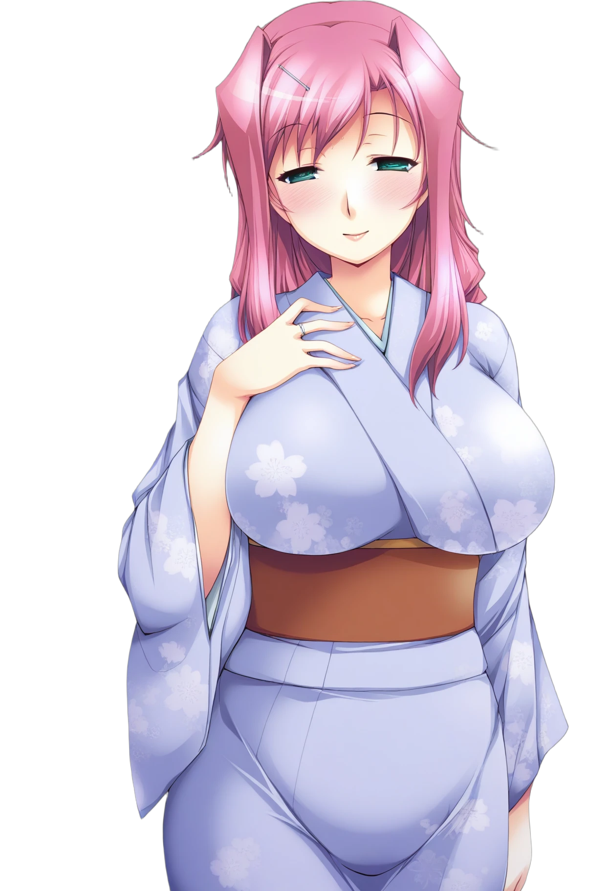 1 girl, 19 years old, Long pink hair, green eyes with slit pupils, master-piece, best quality, (standing up), (pink hakama trousers), (white long-sleeve kimono top, pink hakama trousers, cleavage), (Big , ultra gigantic , Super super big, Glamorous body), Make eye contact with the camera, front figure, looking forward, (light_Smile:1.5), (Detailed hands and fingers:1.2) (feudal Japan), (FULL BODYSHOT), thighs thighs thighs thighs