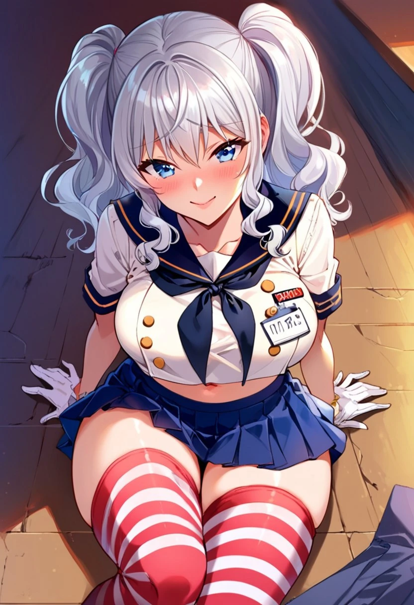 Top image quality、top-quality、8K picture quality、1 persons、(独奏)、full body Esbian、Kashima OG、kashima\(kancolle\)、white  hair、blue eyess、tsurime eyes、Hanging、hair wavy、Twin-tailed、beret、Colossal tits、Black enamel、maikurobikini、highleg、T back、Squatting on the ground、Open your crotch wide from side to side、Black High Socks、Brown loafers、(Transparent rod like male genitalia)、Open your mouth wide、(Sucking a transparent rod like male genitalia:1.2)White liquid on the tongue、(Hold a transparent rod like male genitalia:1.2)、Show your crotch to the camera、stares at the camera、school hallway、