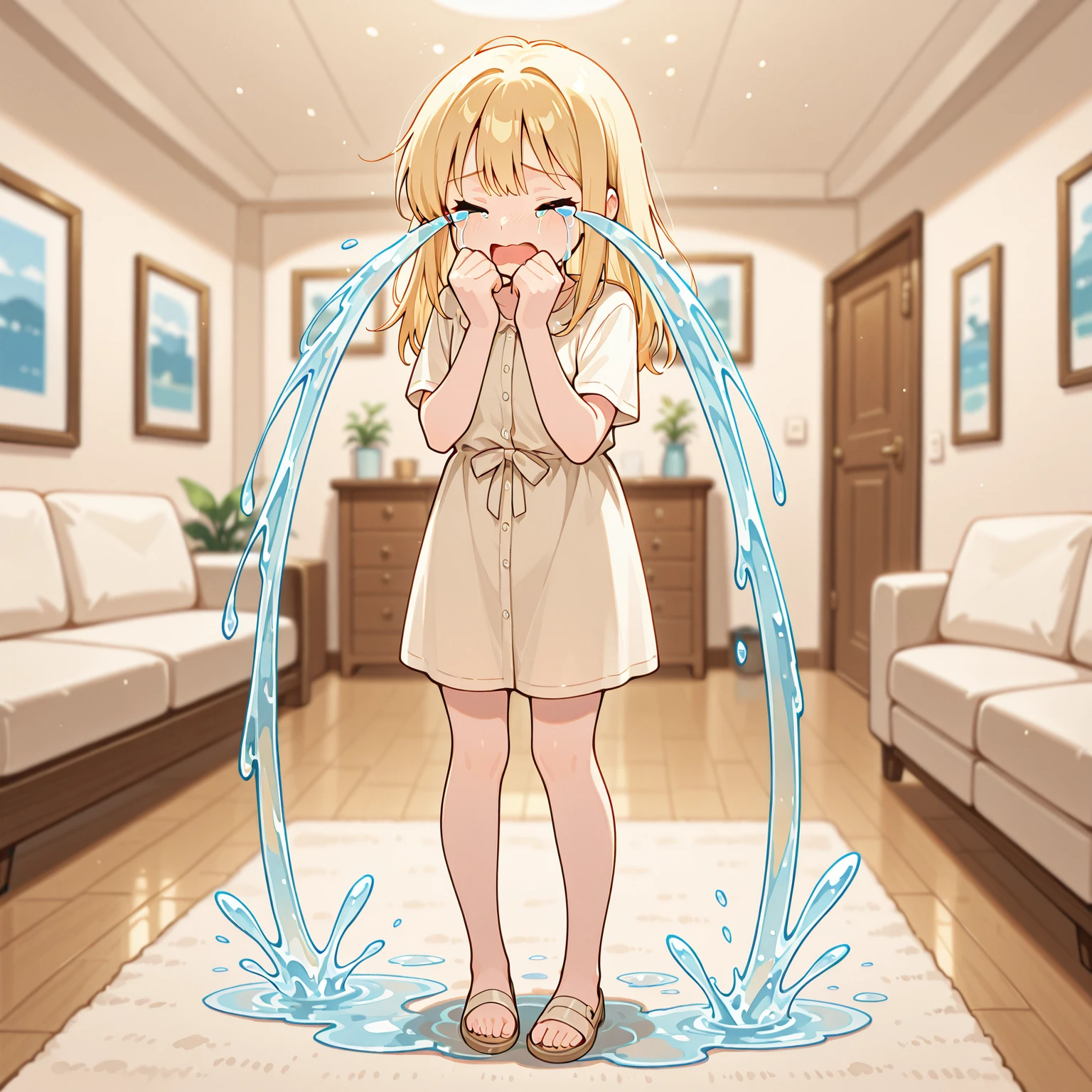 masterpiece, best quality, 1girl, crying river, blonde hair, standing straight, full body, crying, tears, living room , blurred background, <lora:crying_river:0.8>