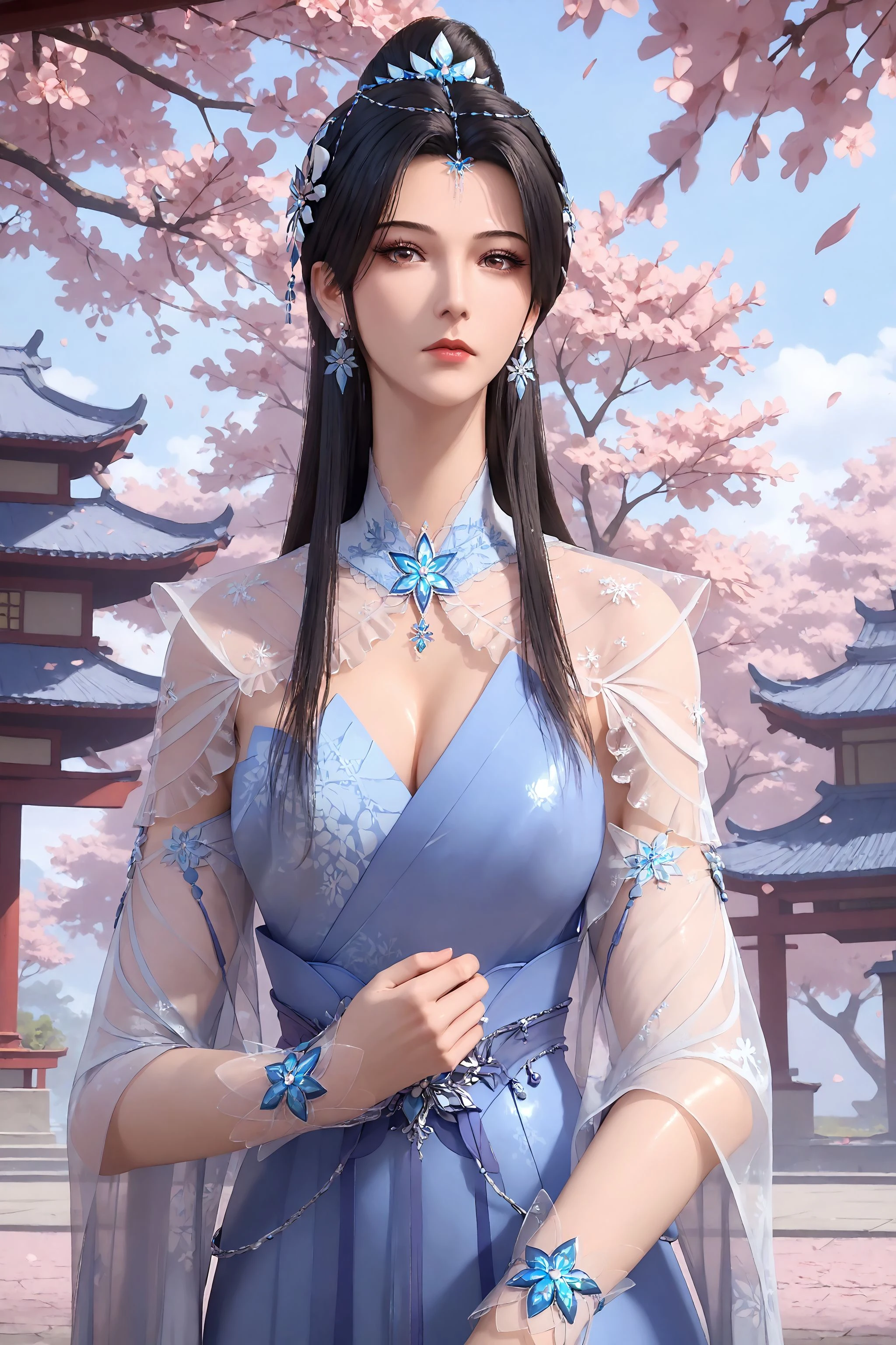 top-quality、​masterpiece、超A high resolution、(Photorealsitic:1.4)、Raw photo、、White porcelain body、Acrylic Clear Cover、white  hair、glowy skin、1 Cyborg Girl、((super realistic details)、Shadow、octan render、8K、ultrasharp、character edge light,Colossal 、Raw skin is exposed in cleavage、Details of complex ornaments、Zeta Gundam details、Hydraulic cylinder、Small LED lamp、highly intricate detail、Realistic light、a purple eye、radiant eyes、Facing the camera、neon details、cowboy  shot、Futuristic headgear、About Cyberpunk、、perfect face, face cold,  random expressions,random action, ancient japanese architecture,pond, a close up of a woman in a dress holding a sword, by Yang J, Anime fantasy illustration, 2. 5 D CGI anime fantasy artwork, Chinese fantasy, xianxia fantasy, author：Fan Qi, Inspired by Lan Ying, trending digital fantasy art, Beautiful character painting, Fantasy art style, a beautiful fantasy empress, inspired by Wu Bin, Inspired by Ai Xuan, face smile, In his right hand, he held a small blue bag, panicking face, in the dark forest, Cinematic lighting, depth of field, glowing light, ray tracing, reflection the world, close-up, masterpiece, masterpiece, high quality, Best quality, high detail, accurate, anatomically correct, Textured leather, uhd, A high resolution, 1080P