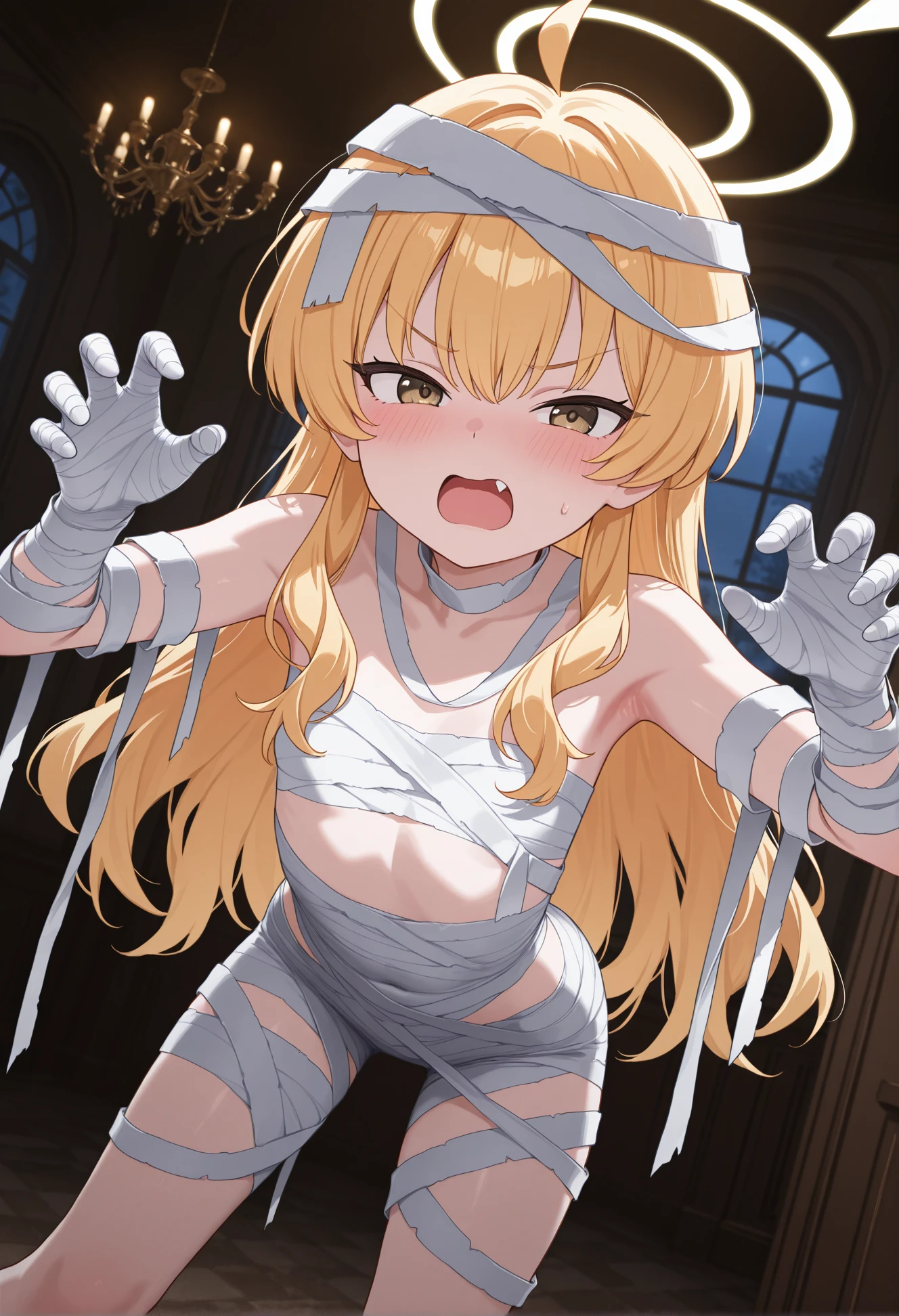 Tall androgynous boy,long  hair,  beautiful curves, cuntboy, halo, reaching hand out to viewer ,mostly naked, gradient hair fading from gold to indigo, fit body, (ample pectorals), heterochromia,  male boy with pussy, puppet joints, aroused smile, anemo powers, steamy, heart pupils