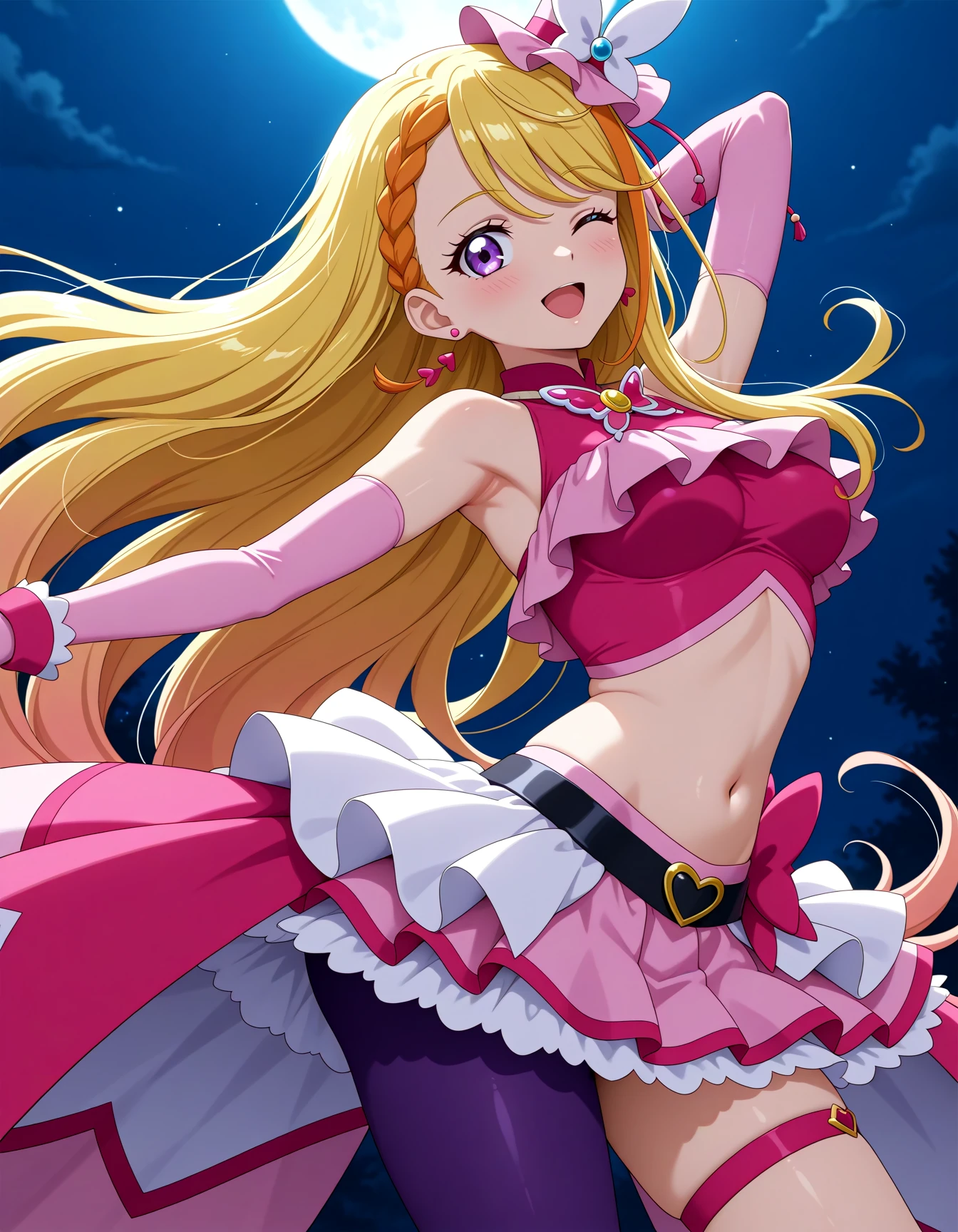 <lora:dmd2-lighting8step_cfg1.5:1>,official style,masterpiece,best quality,newest,very aesthetic,highly detailed,high resolution,absurdres,highres,depth of field,super detailed skin,very awa,Anime,anime coloring,anime screencap,<lora:Cure_Butterfly_V1:1>,cure butterfly,solo,blonde hair,long hair,very long hair,orange hair,multicolored hair,braided bangs,braid,asymmetrical bangs,purple eyes,medium breasts,pink headwear,mini hat,hat ornament,tilted headwear,earrings,magical girl,jewelry,brooch,butterfly brooch,bow,crop top,frilled shirt,sleeveless shirt,midriff,navel,pink skirt,skirt,bow skirt,pink shirt,frills,miniskirt,overskirt,elbow gloves,pink gloves,bridal gauntlets,sleeveless,black belt,belt,thigh strap,purple pantyhose,single leg pantyhose,pantyhose,one eye closed,open mouth,(dancing:1.4),arched_back,light_blush,bent_over,moonlight,night_sky,