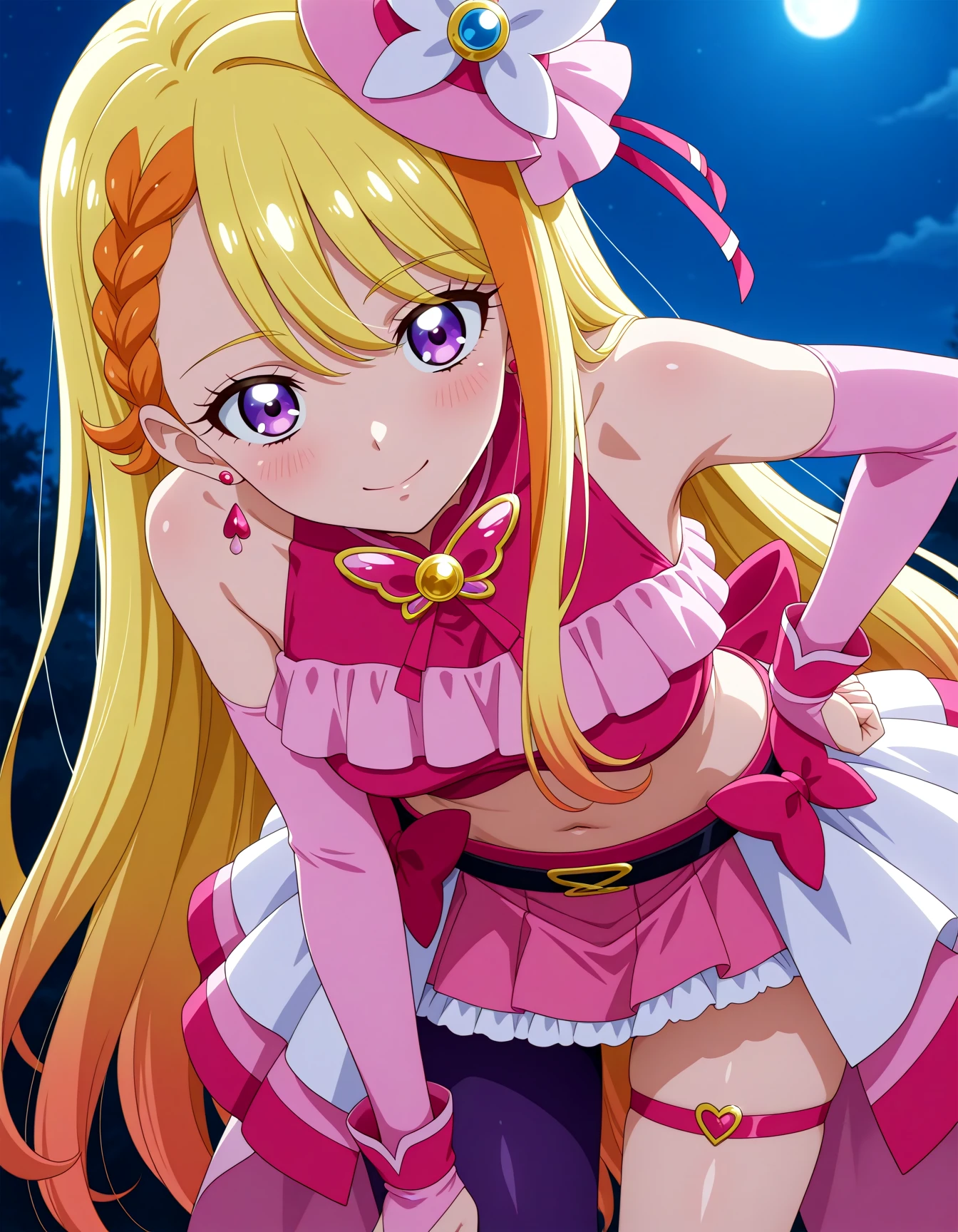<lora:dmd2-lighting8step_cfg1.5:1>,official style,masterpiece,best quality,newest,very aesthetic,highly detailed,high resolution,absurdres,highres,depth of field,super detailed skin,very awa,Anime,anime coloring,anime screencap,<lora:Cure_Butterfly_V1:1>,cure butterfly,solo,blonde hair,long hair,very long hair,orange hair,multicolored hair,braided bangs,braid,asymmetrical bangs,purple eyes,medium breasts,pink headwear,mini hat,hat ornament,tilted headwear,earrings,magical girl,jewelry,brooch,butterfly brooch,bow,crop top,frilled shirt,sleeveless shirt,midriff,navel,pink skirt,skirt,bow skirt,pink shirt,frills,miniskirt,overskirt,elbow gloves,pink gloves,bridal gauntlets,sleeveless,black belt,belt,thigh strap,purple pantyhose,single leg pantyhose,pantyhose,moonlight,night_sky,mini triangle hat,leaning_forward,(face_focus:1.8),blush,kind_smile,embarrass,