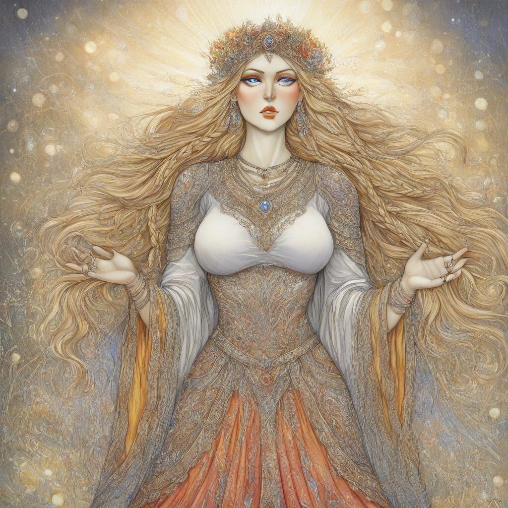 FantasySlavicMS, 1girl, solo, curvy body, pale skin, very long hair, blonde hair, hair ornament, hair flower, headdress, single braid, messy hair, earrings, blue eyes, full lips, makeup, large breast, necklace, long dress, wide sleeves, dress ornament, bracelet, thick thighs, jewelry, rings, armor, beads, fur trim, gem, cape, magic, masterpiece, best quality, fine details, intricate details, depth of field, subsurface scattering, bokeh, ultra-detailed, very aesthetic, detailed background, newest, scenery, highres, absurdres, colorful, vibrant, glowing, perfect face, 2d, perfect eyes, vibrant saturated colors, volumetric lighting, sharp, detailed eyes, perfect anatomy, perfect face, perfect eyes, mature body, clear eyes, beautiful eyes, athletic, curvy body, athletic girl, perky tits, perfect tits, round breasts, pinup pose, teasing, lustful expression, perfect hands, muscular female,