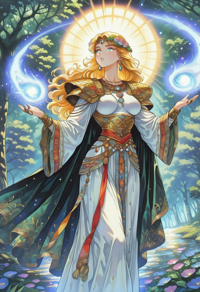 FantasySlavicMS, 1girl, solo, curvy body, pale skin, very long hair, blonde hair, hair ornament, hair flower, headdress, single braid, messy hair, earrings, blue eyes, full lips, makeup, large breast, necklace, long dress, wide sleeves, dress ornament, bracelet, thick thighs, jewelry, rings, armor, beads, fur trim, gem, cape, magic,
masterpiece, best quality, fine details, intricate details, depth of field, subsurface scattering, bokeh, ultra-detailed, very aesthetic, detailed background, newest, scenery, highres, absurdres, colorful, vibrant, glowing, perfect face, 2d, perfect eyes, vibrant saturated colors, volumetric lighting, sharp, detailed eyes, perfect anatomy, perfect face, perfect eyes, mature body, clear eyes, beautiful eyes, athletic, curvy body, athletic girl, perky tits, perfect tits, round breasts, pinup pose, teasing, lustful expression, perfect hands,
muscular female, dutch angle, dynamic pose,
nature, flowers, trees,
,Smooth Negative, Smooth_Quality,
retro_celestial_scifi, retro artstyle