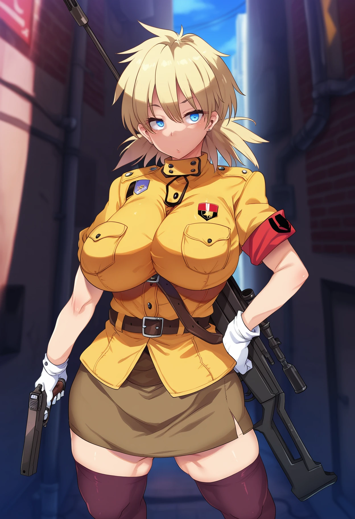 Hellsing Ultimate, Seras Victoria, 1girl, ((bimbo))), short blond hair, blue eyes, puffy lips, thick lips, wide hips, thick thighs, enormous round fake breast, huge ass, kiss face, yellow police uniform, breasts squeezed together, hand signs,