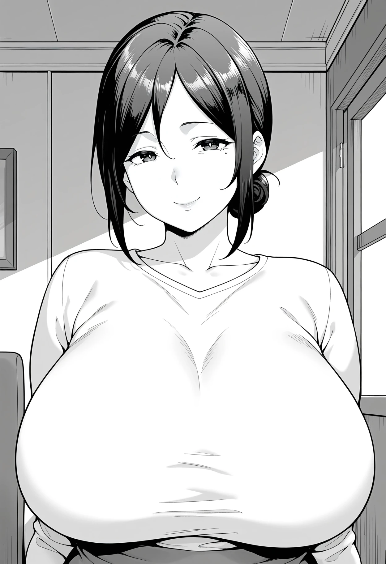 Line art、A busty model is embarrassed and shyly lifts her clothes to show her nipples