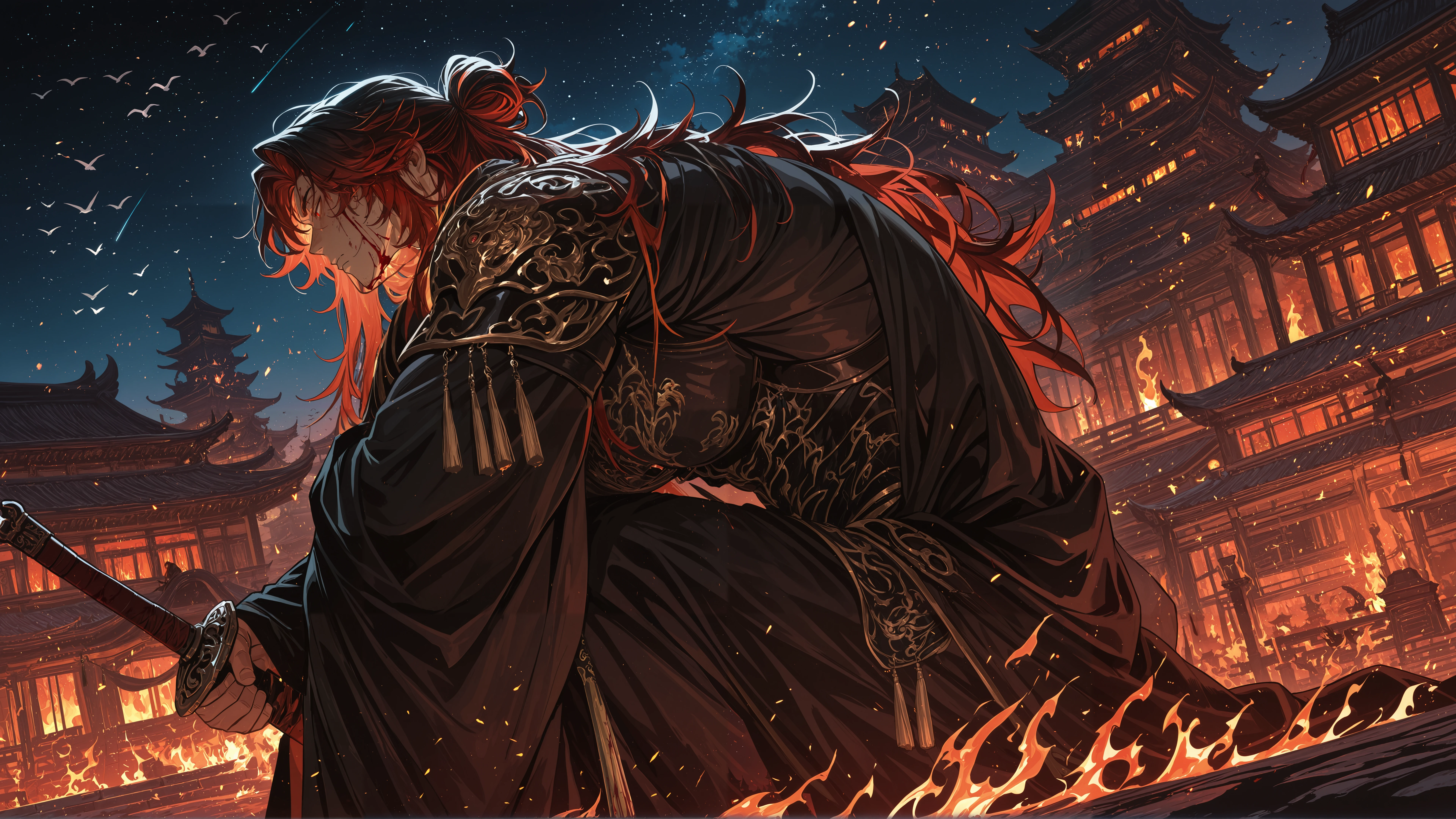 1boy,  bara, bred hair, weapon, holding weapon, long hair, holding, sword, holding sword, black robe, robe, architecture, fire, building, night, sky, solo, blood, blood on weapon, red eyes, night sky, 1boy, armor, burning, star \(sky\), chinese clothes, bird, outdoors, closed mouth, embers, tassel,
from side,
masterpiece,best quality,amazing quality,newest,highres