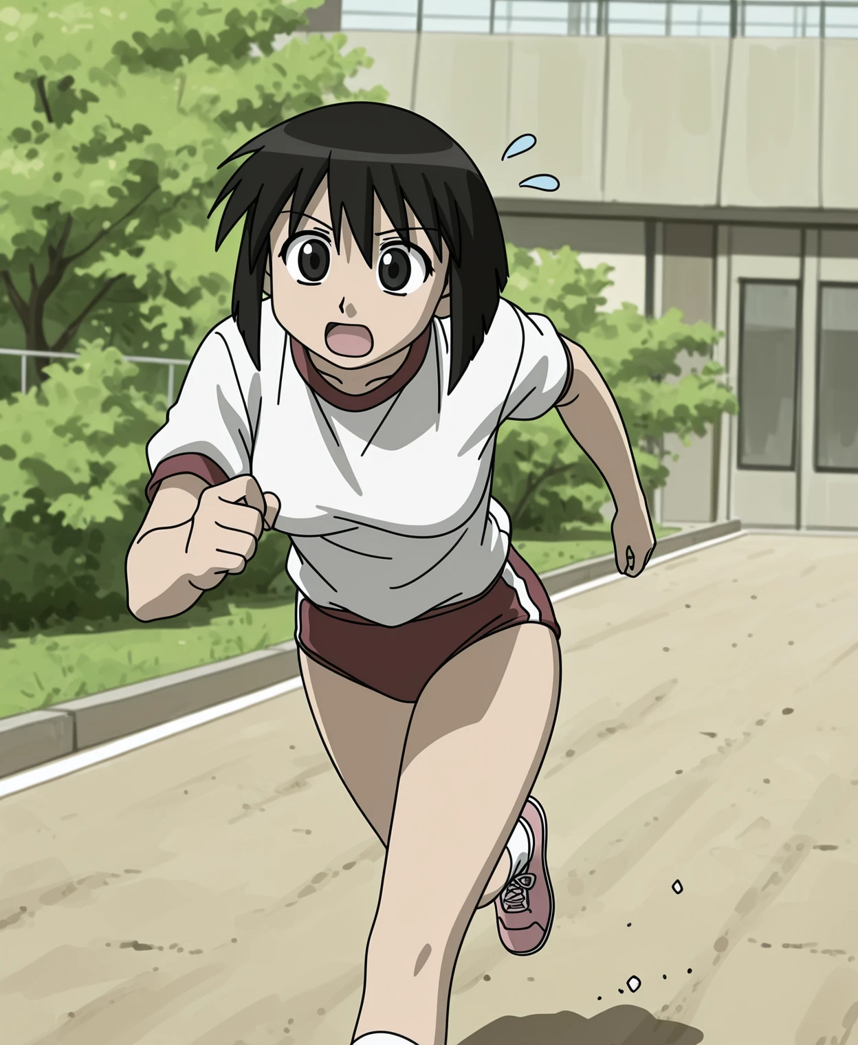 source_anime, highly detailed, 1girl, solo ,tomo takina, 1girl, solo, smile, brown eyes, short hair, brown hair, ((loose socks, female gym uniform, long sleeves shirt, red buruma, white shirt, cameltoe, red sneakers)), full body, standing, hands on hips, anime screencap, track and field background,((wetting self, pee stains, puddle))